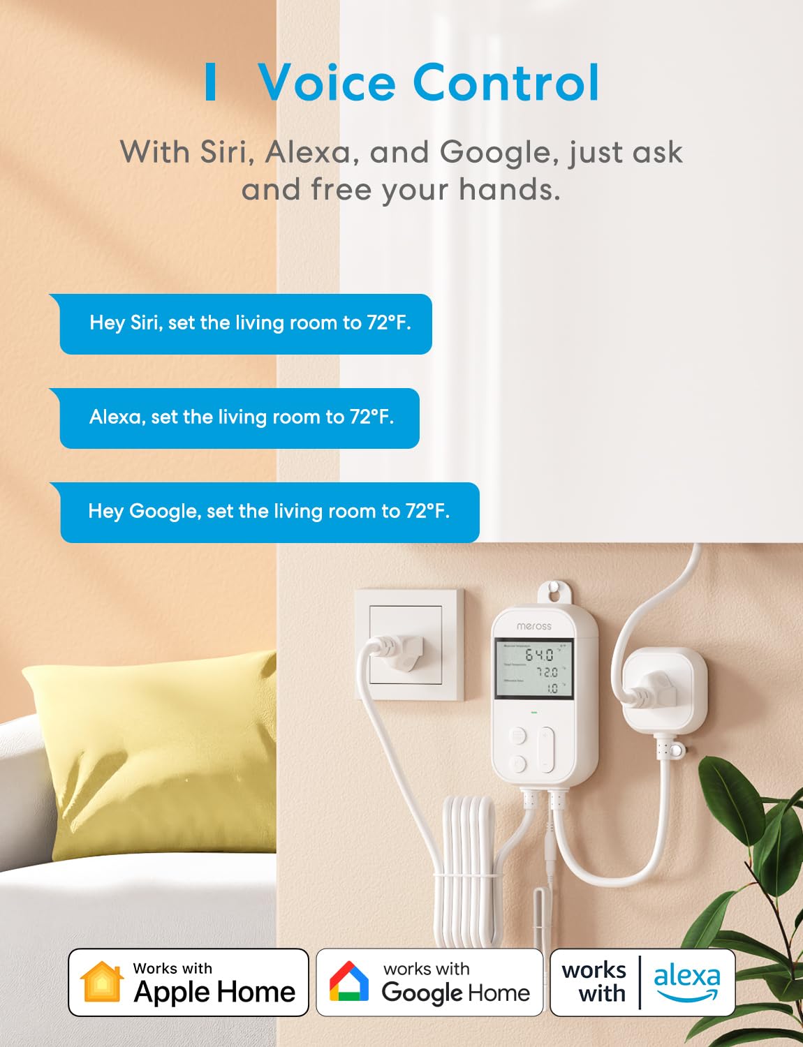 meross Smart Temperature Controller Thermostat - WiFi Enabled for Heating & Cooling (120V 15A 1800W) - Compatible with Apple HomeKit, Alexa & Google Assistant - Perfect for Home Brewing, Fermentation, Reptile Tanks & Greenhouse Climate Control
