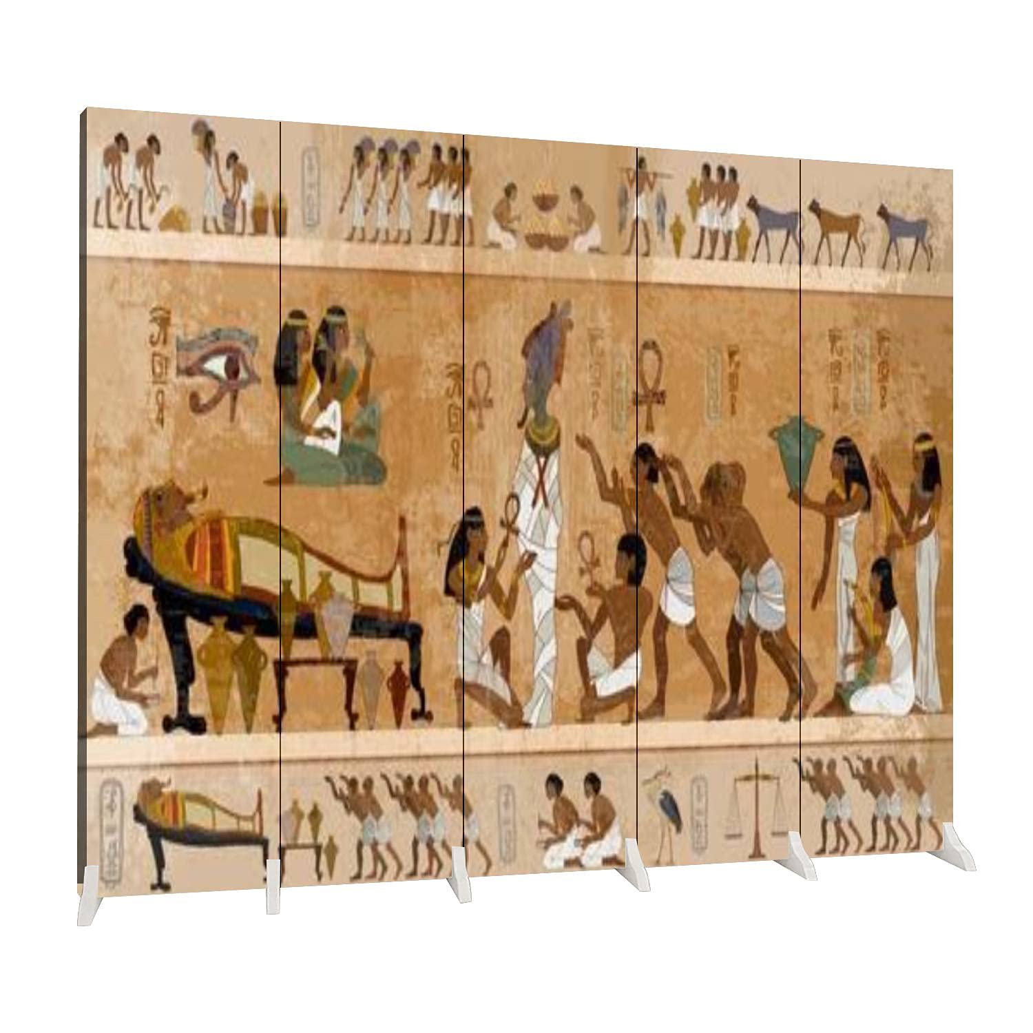 5 Panel Room Divider - Ancient Egypt Mummification Process Design, Freestanding Folding Privacy Screen for Home Office, Bedroom Partition, and Indoor Space Separation | Dola-Dola Canvas Protective Wall Divider | Perfect for Living Room Decor, Studio Divider, and Event Backdrop