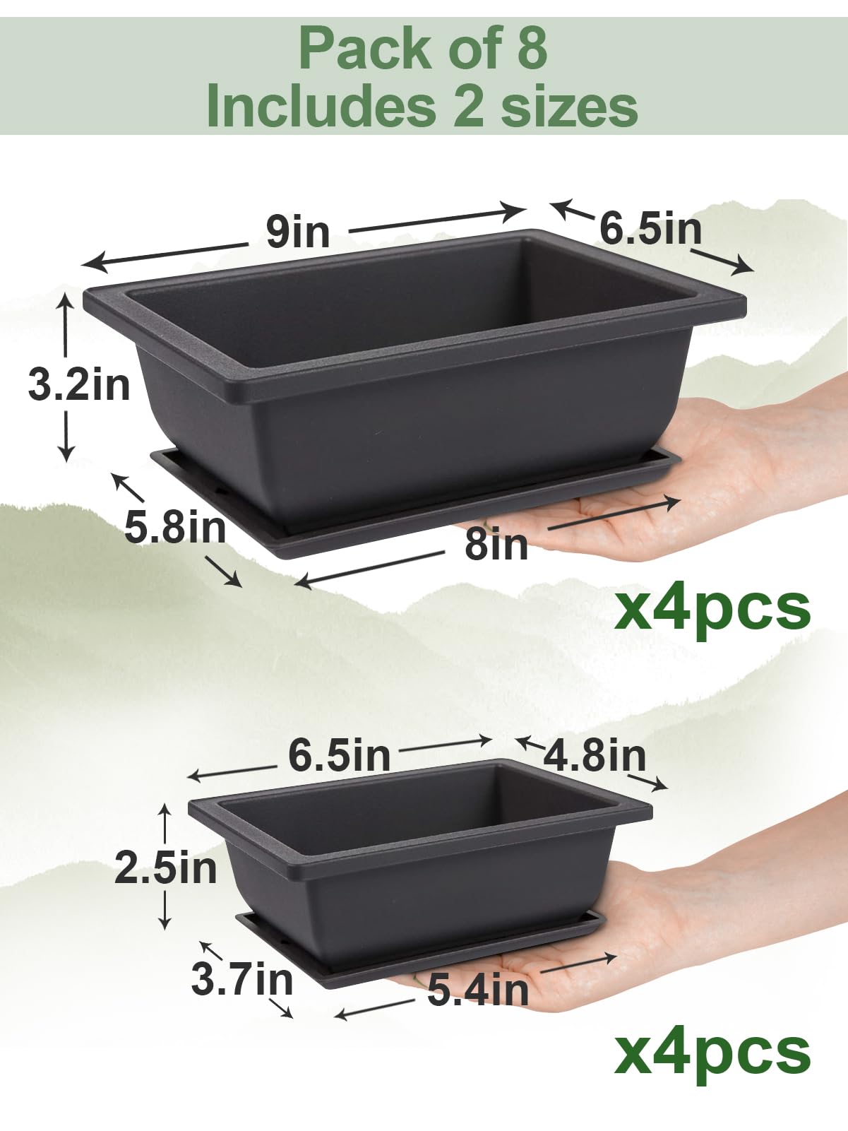 8 Pack Bonsai Training Pots with Humidity Trays - 6.5 & 9 Inch Plastic Plant Nursery Pots Kit with Drainage, Indoor Succulent Garden Decor for Home Office Zen Decor (Perfect for Bonsai, Succulents & Small Plants)