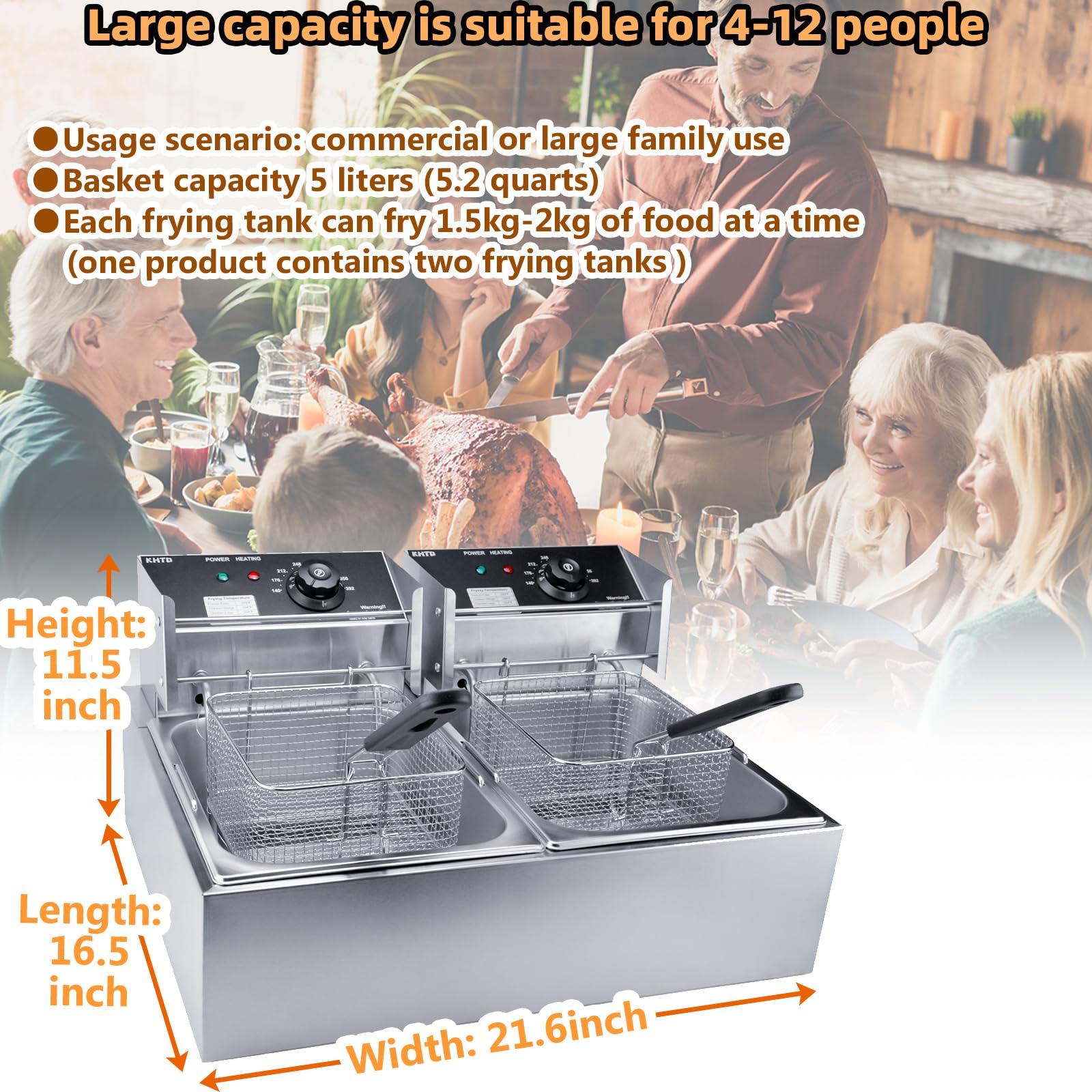 Commercial Deep Fryer with Basket - 3400W 12.7QT/12L Stainless Steel Electric Oil Fryer with Temperature Control - Large Capacity Detachable Countertop Fryer for Restaurant, Home Kitchen & Catering Use