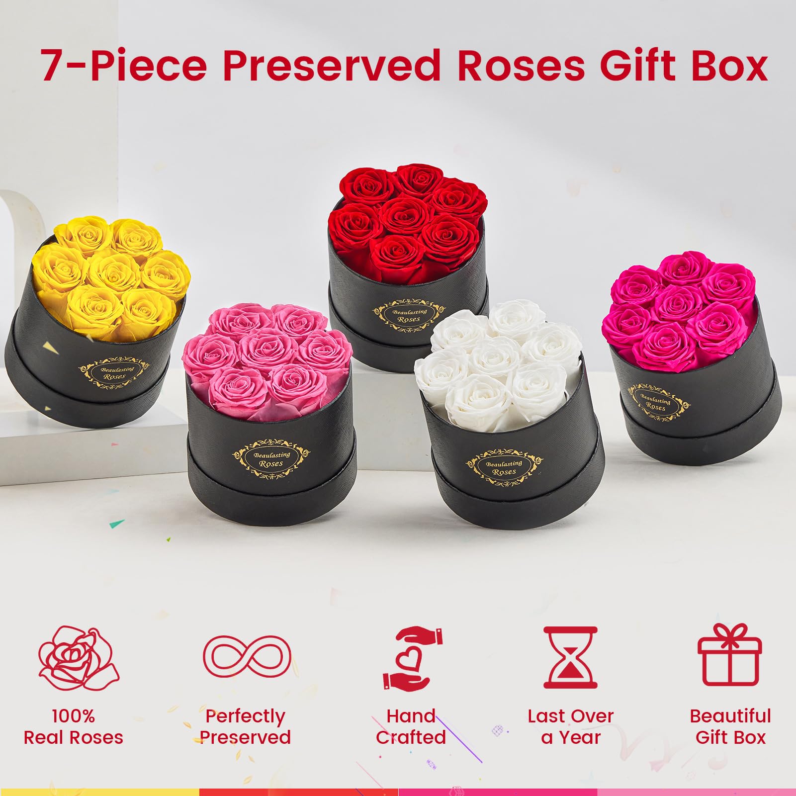 Beaulasting Long-Lasting Preserved Roses in Elegant Black Round Box - 1 Year Freshness, Perfect Gift for Anniversary, Birthday, Mother's Day, Valentine's Day - Romantic Home & Office Decor for Wife, Mom, Girlfriend