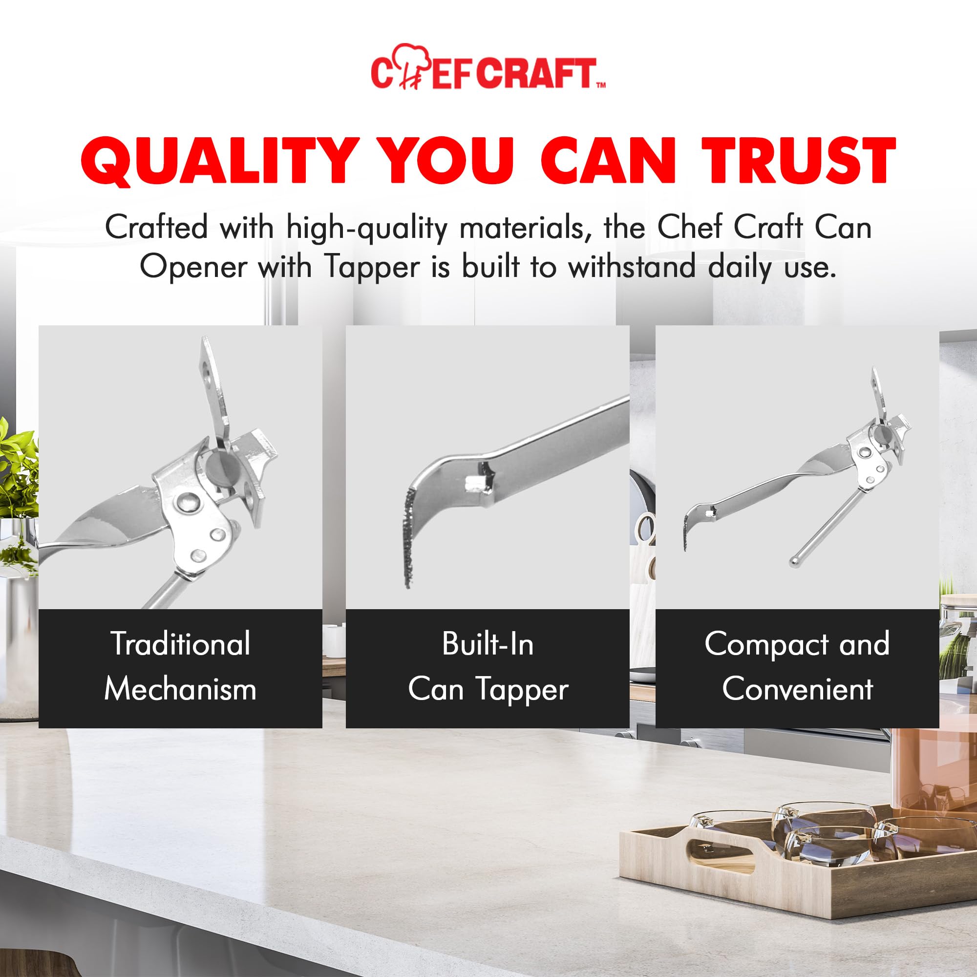 Premium Chef Craft Select Can Opener with Tapper - 6.5 Inch Ergonomic Design, Durable Nickel Plated - Perfect for Kitchen, Camping & Emergency Preparedness