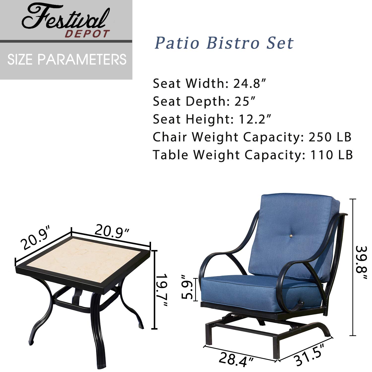 Festival Depot 3-Piece Outdoor Patio Dining Chairs Set - Square Metal Bistro Table with Thick Cushions, Garden Furniture for Backyard, Poolside & Balcony (Blue)
