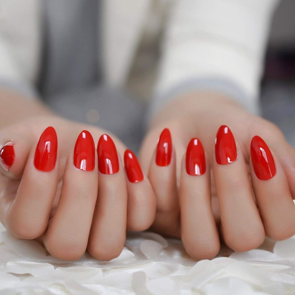 Sharp Stiletto Press On Nails - Bright Red Fake Nails with Glue Sticker | Pointed False Nails Tips for Women | Perfect for Parties, Weddings & Special Occasions