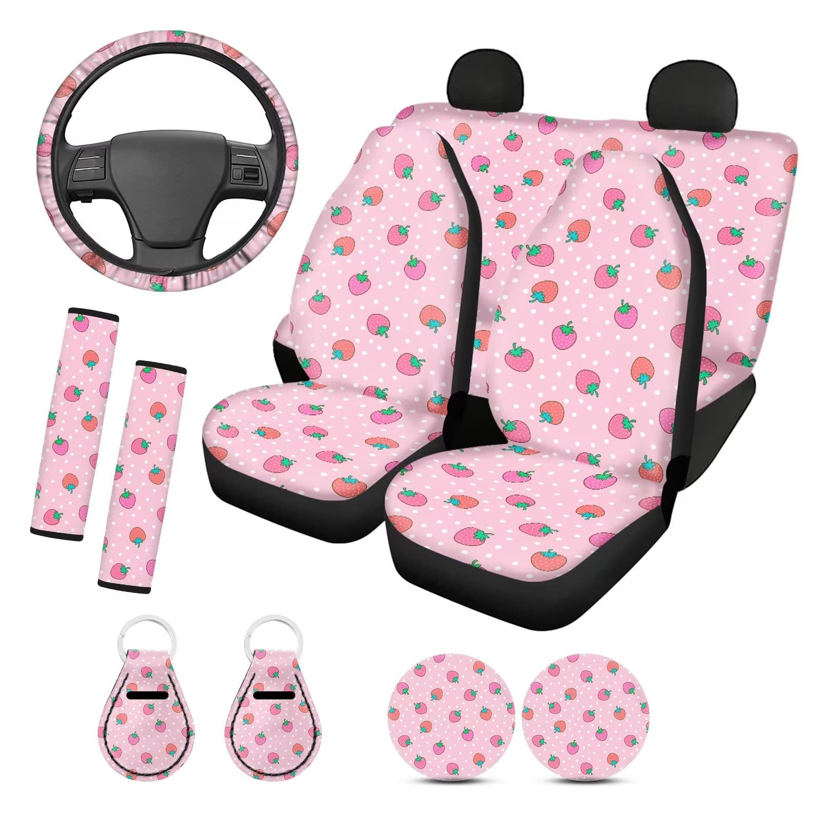 Strawberry Car Seat Covers for Women - Pink Cute Car Accessories Set with Steering Wheel Cover, Cup Coasters & Seat Belt Pads | Automotive Interior Decor for Sedan, SUV & Compact Cars | Perfect Gift for Female Drivers
