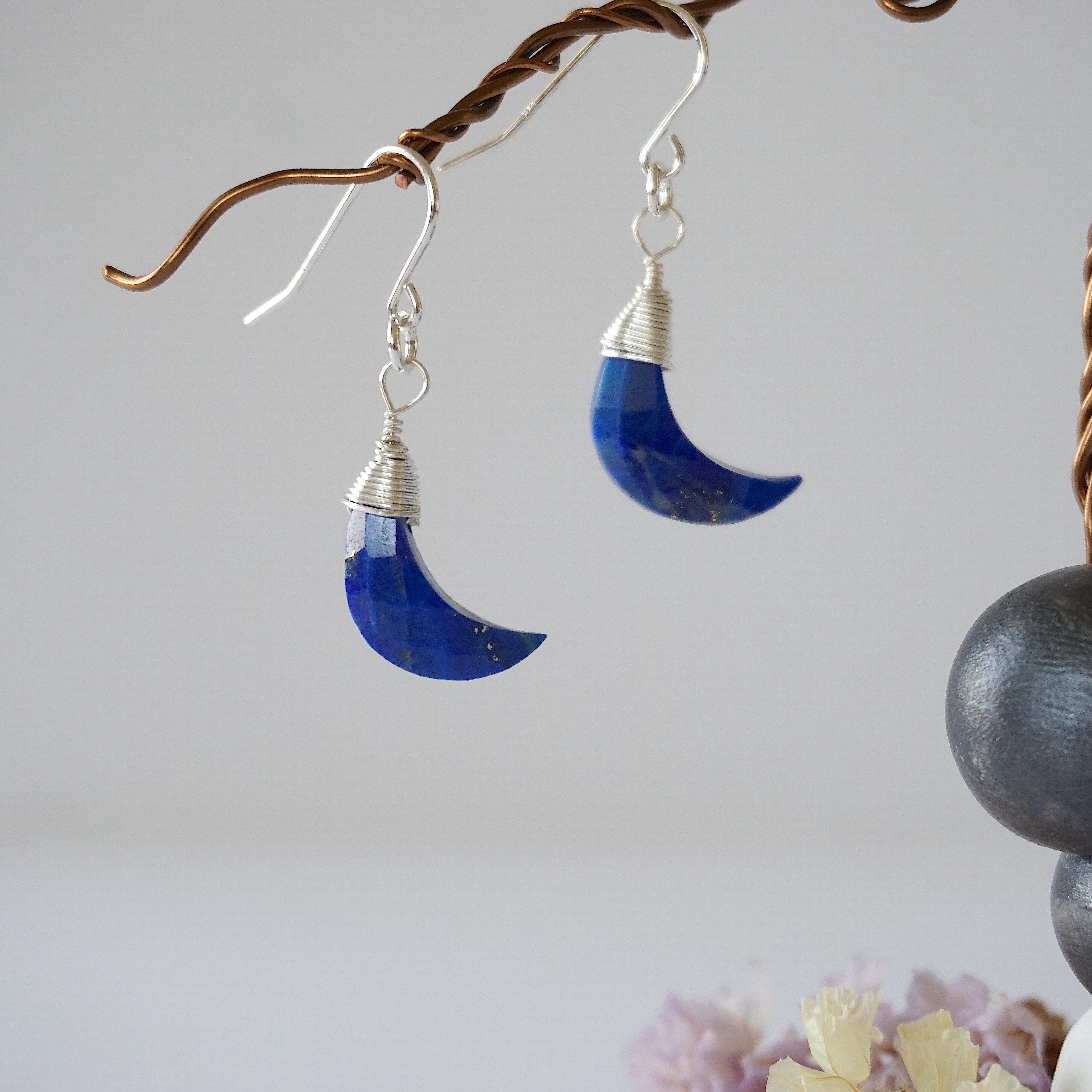Lapis Lazuli Moon Drop Earrings - Sterling Silver Dangle Earrings for Women - Perfect for Weddings, Parties & Special Occasions