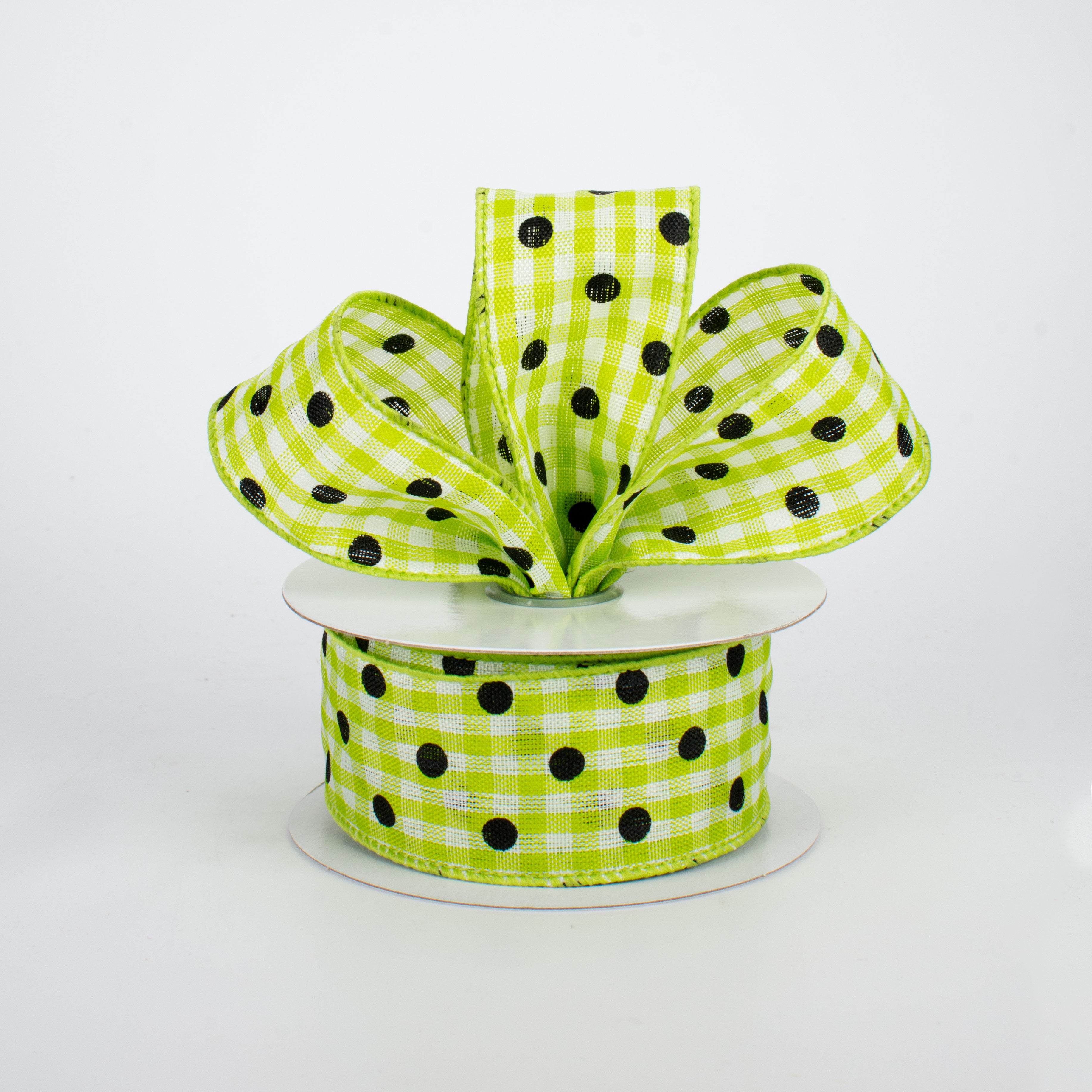 1.5 Inch Polka Dot Gingham Ribbon - Black, Lime, White (10 Yards) for Gift Wrapping, DIY Crafts, Hair Bows & Party Decorations