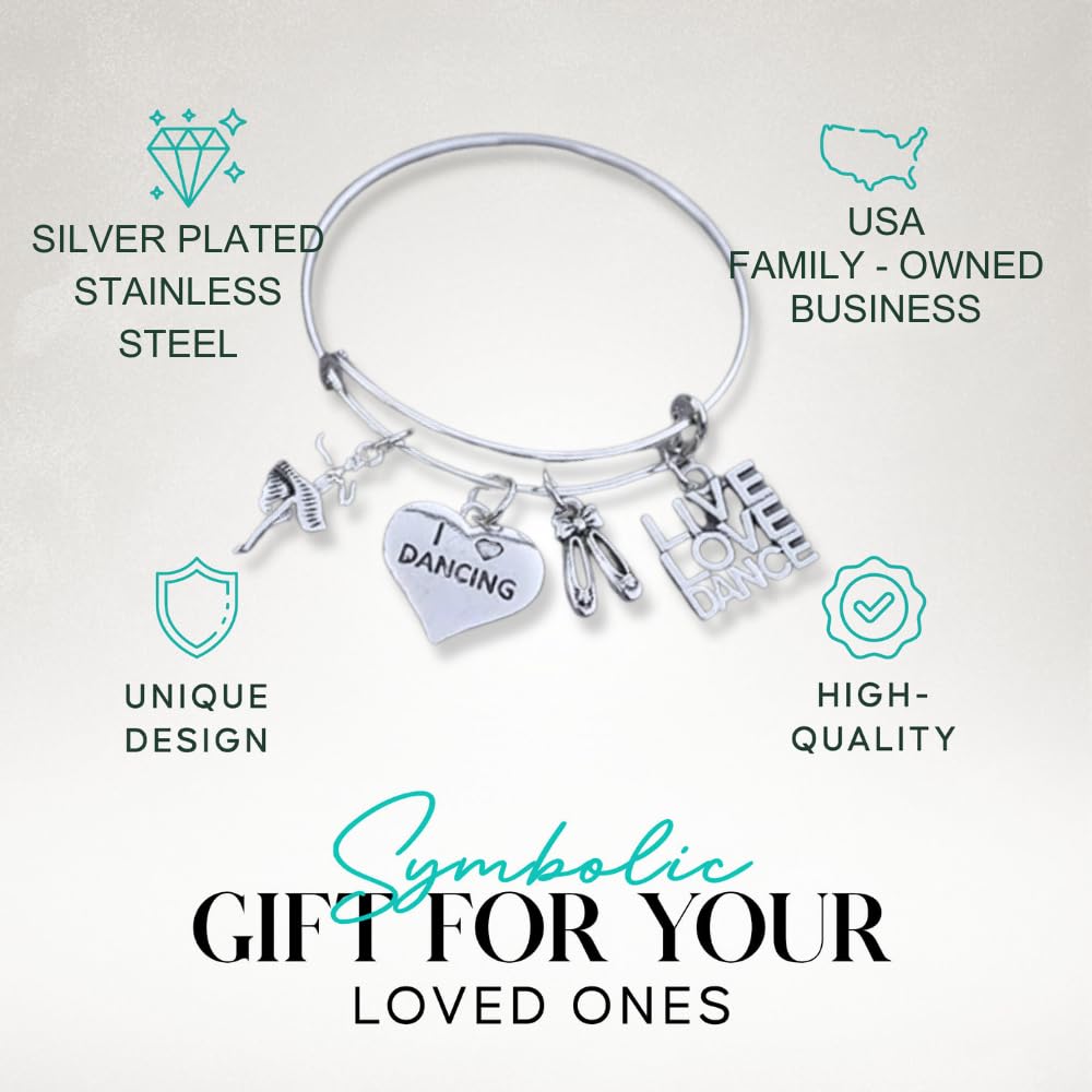 Infinity Collection Expandable Dance Charm Bangle Bracelet - Silver - I Love Dancing - Perfect for Dance Performances, Gifts & Everyday Wear