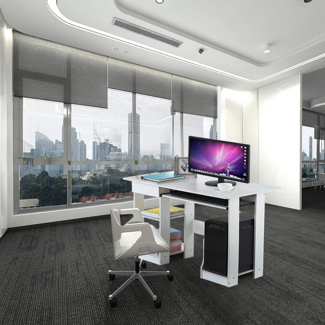 Modern Minimalist Computer Desk with Keyboard Tray & Shelves - Home Office Writing Study PC Laptop Table for Bedroom, Workstation & Small Spaces | Durable Workspace Solution for Remote Work, Gaming & Online Study