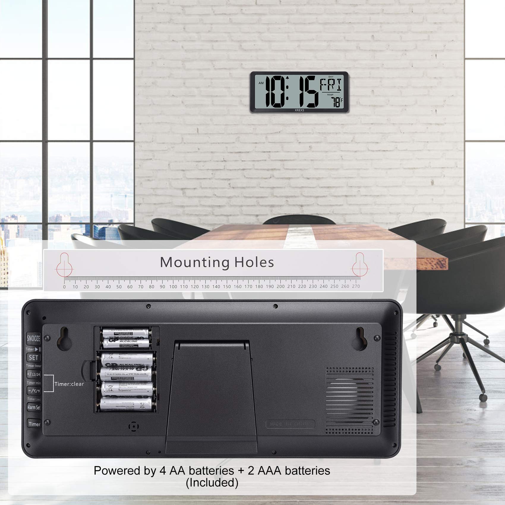 XREXS 14.17 Inch Large Digital Wall Clock with LCD Screen - Battery Operated Alarm Clock with Time, Calendar & Temperature Display - Count Up/Down Timer for Bedroom, Office & Home Decor (Batteries Included) - Perfect for Living Rooms, Kitchens, Classrooms & Workspaces