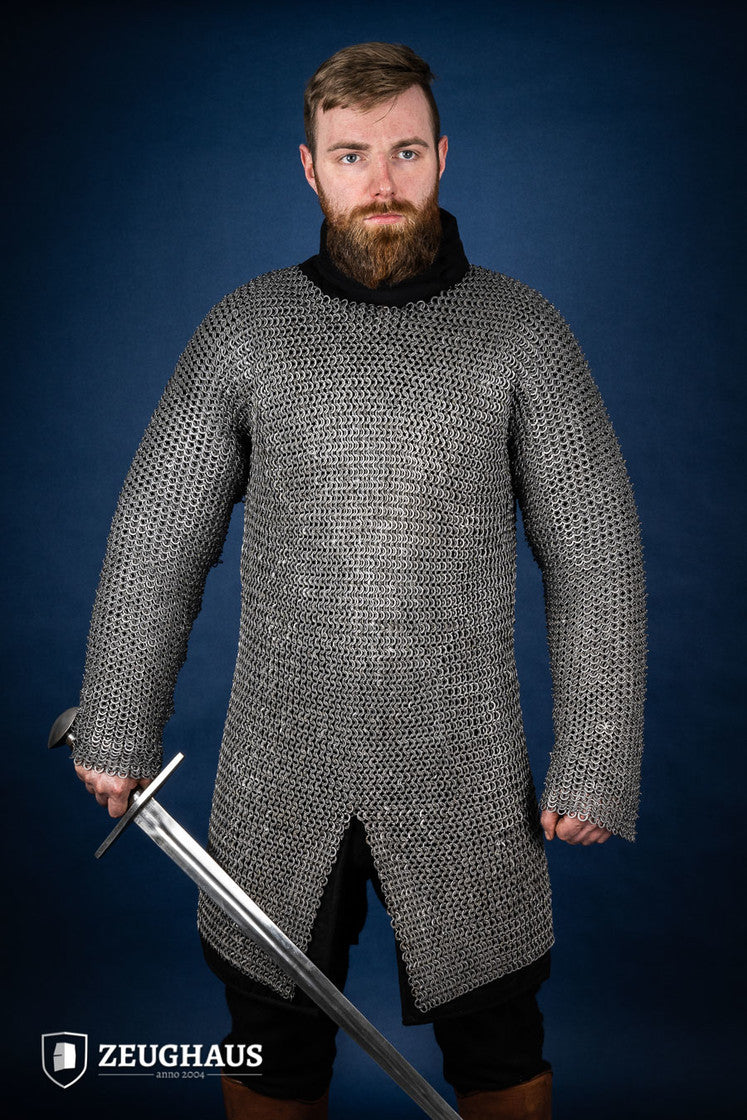 Flat Ring Wedge Riveted Chainmail Hauberk - 9mm Oiled Steel Medieval Armor for LARP, Cosplay & Renaissance Fairs - B Stock