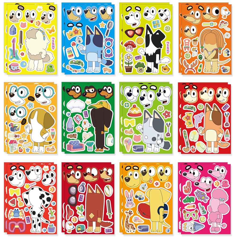 24 Sheets DIY Make a Face Stickers - Puzzle Role Play Craft Stickers for Kids, Birthday Party Favors & Room Decorations (Blue Dog Design, TZ-BLY1) - Perfect for Classroom Activities, Gift Giving & Creative Playtime