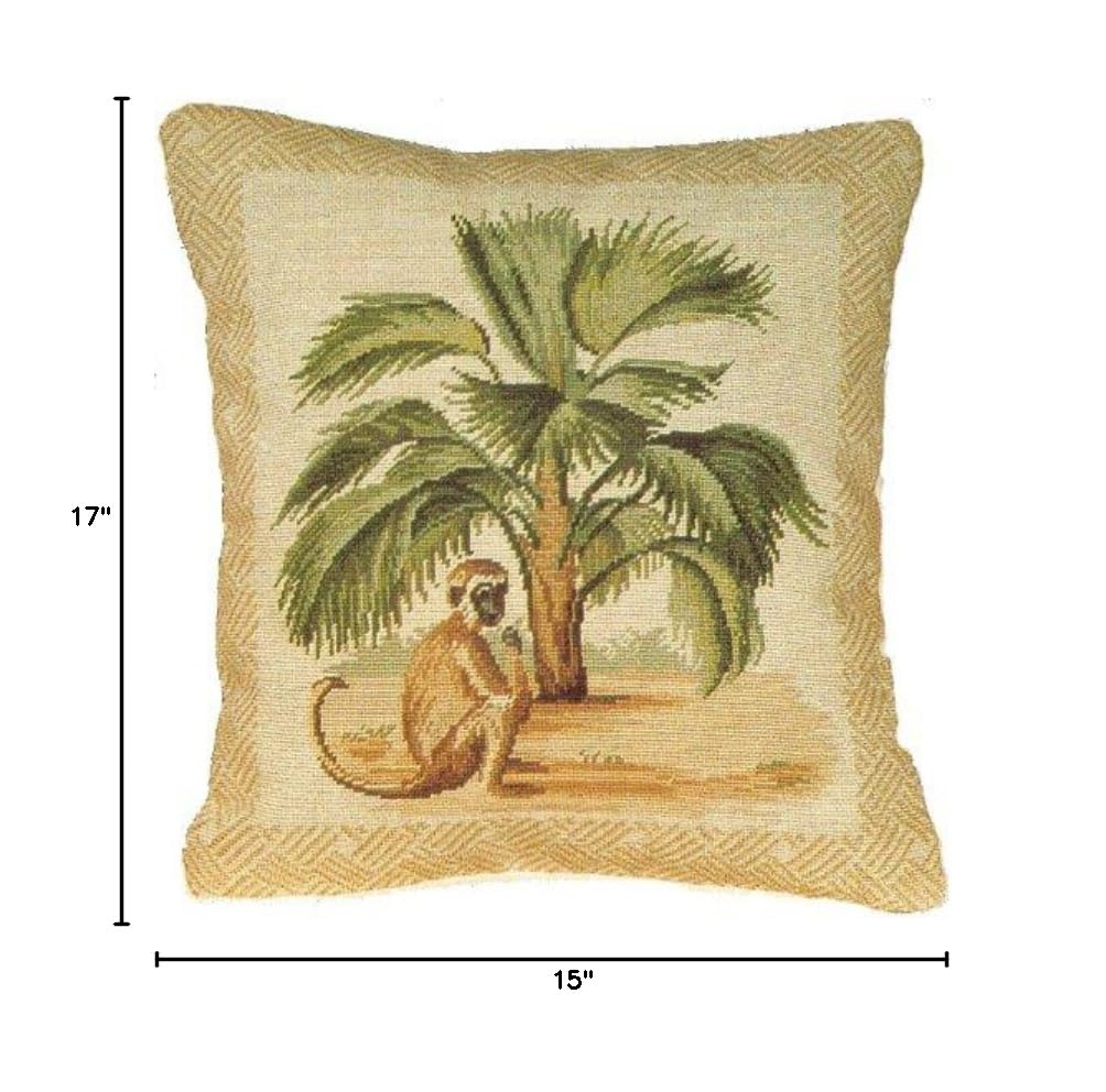 Palm and Monkey Needlepoint Pillow 17x15 Inches - Handmade Decorative Throw Pillow for Sofa, Bed, or Nursery