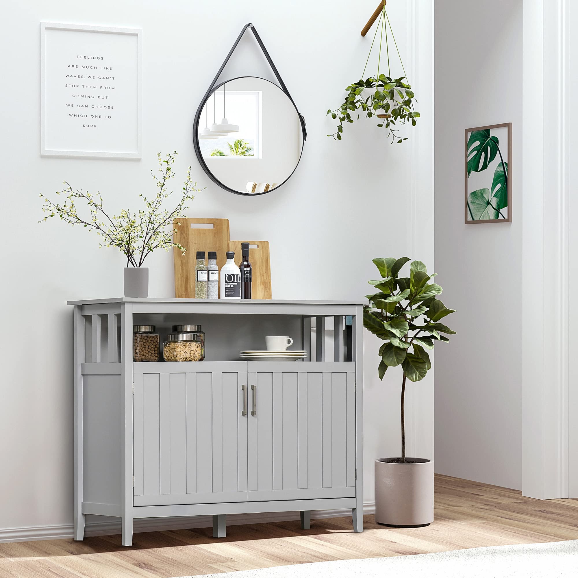 HOMCOM 2-Door Sideboard Buffet Cabinet with Adjustable Shelves - Kitchen Storage, Coffee Bar, Entryway & Living Room Organizer in Gray - Perfect for Dining Room, Home Office & Small Space Storage Solutions