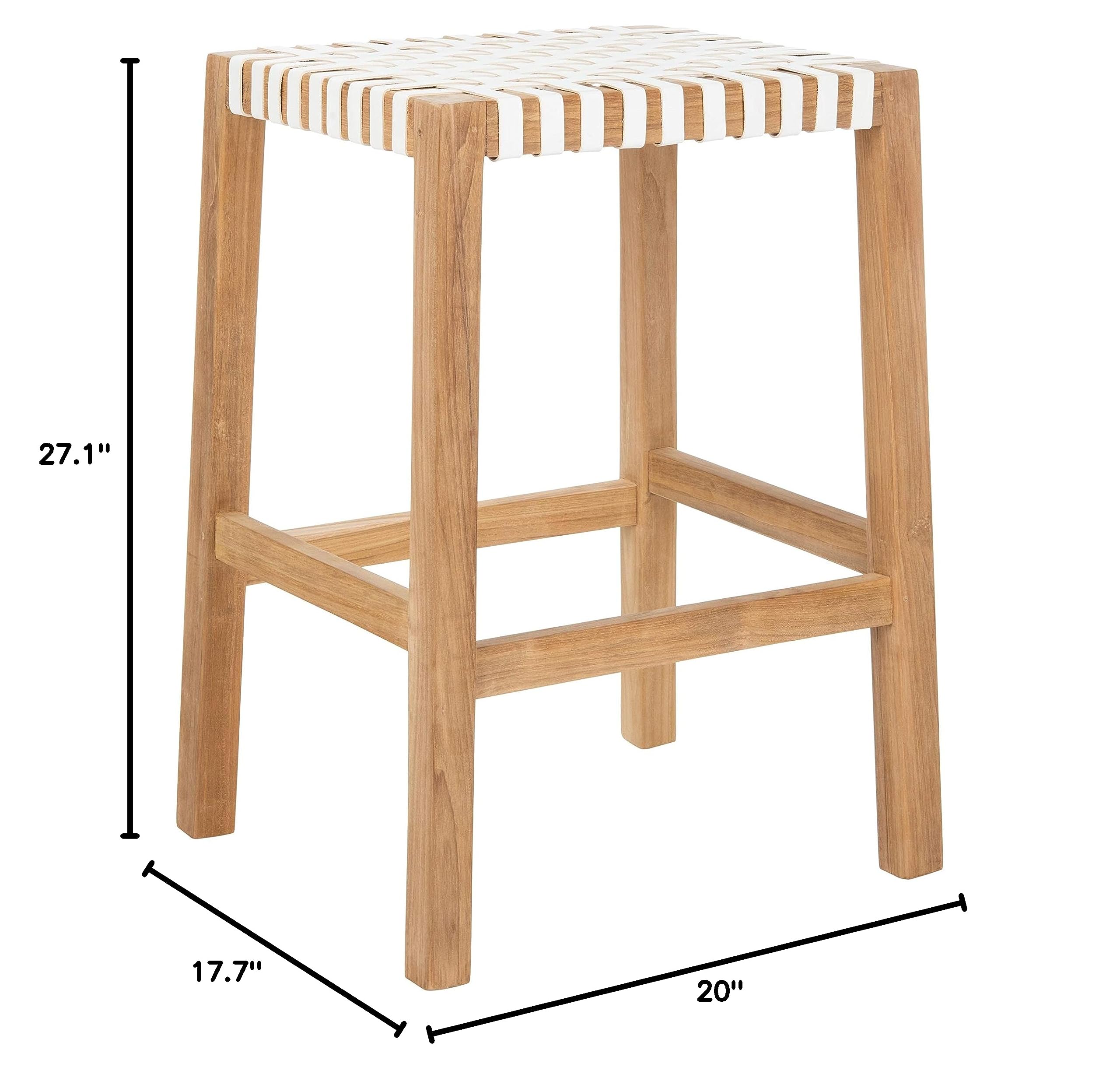 SAFAVIEH Capri Natural Teak & White Leather 27-inch Bar Stool - Modern Kitchen Counter Stool for Dining Room, Breakfast Nook & Home Bar Decor