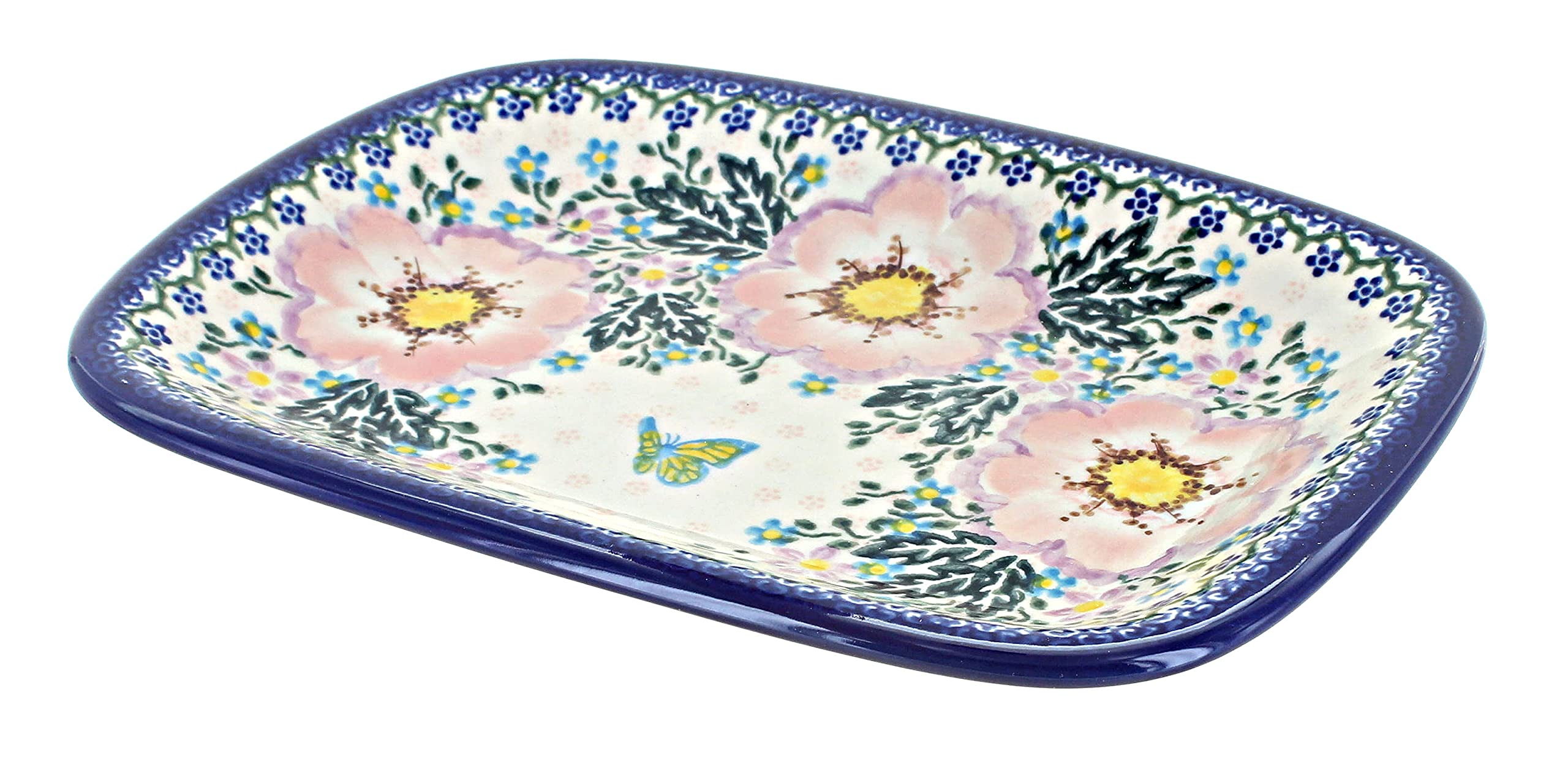 Handmade Blue Rose Polish Pottery Apple Blossom Rectangular Serving Tray - Elegant Small Appetizer Platter for Cheese, Desserts & Entertaining