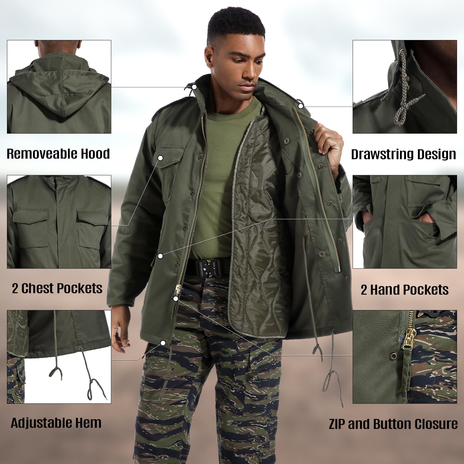 Men's Tactical M65 Field Jacket - Military Style Waterproof Coat with Removable Hood, Fleece Lined, Adjustable Waist & 4 Utility Pockets | Outdoor Hiking, Camping & Winter Wear