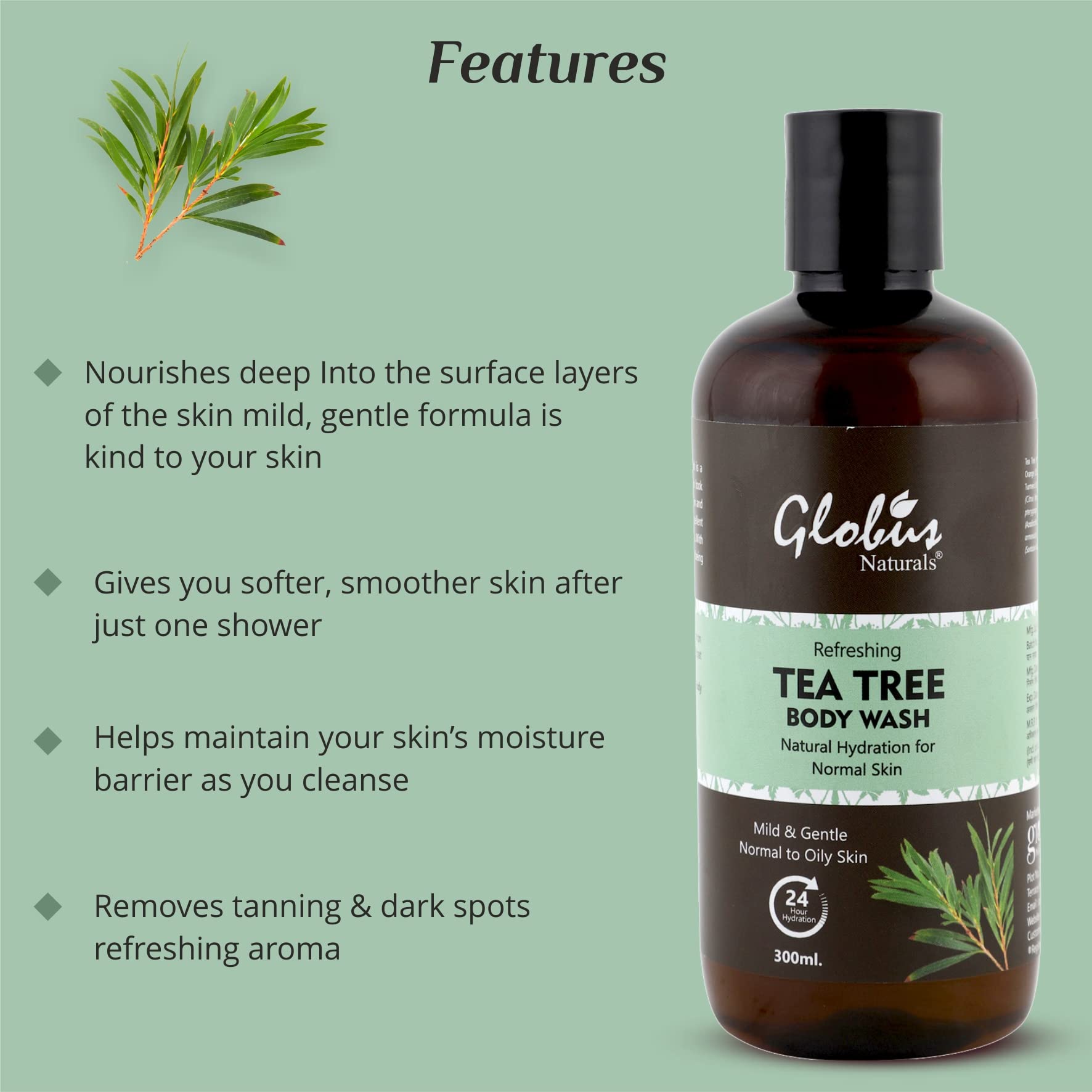 Globus Naturals Refreshing Tea Tree Body Wash 300ml - Soothing & Antibacterial Shower Gel for Acne-Prone Skin - Perfect for Daily Cleansing & Relaxation