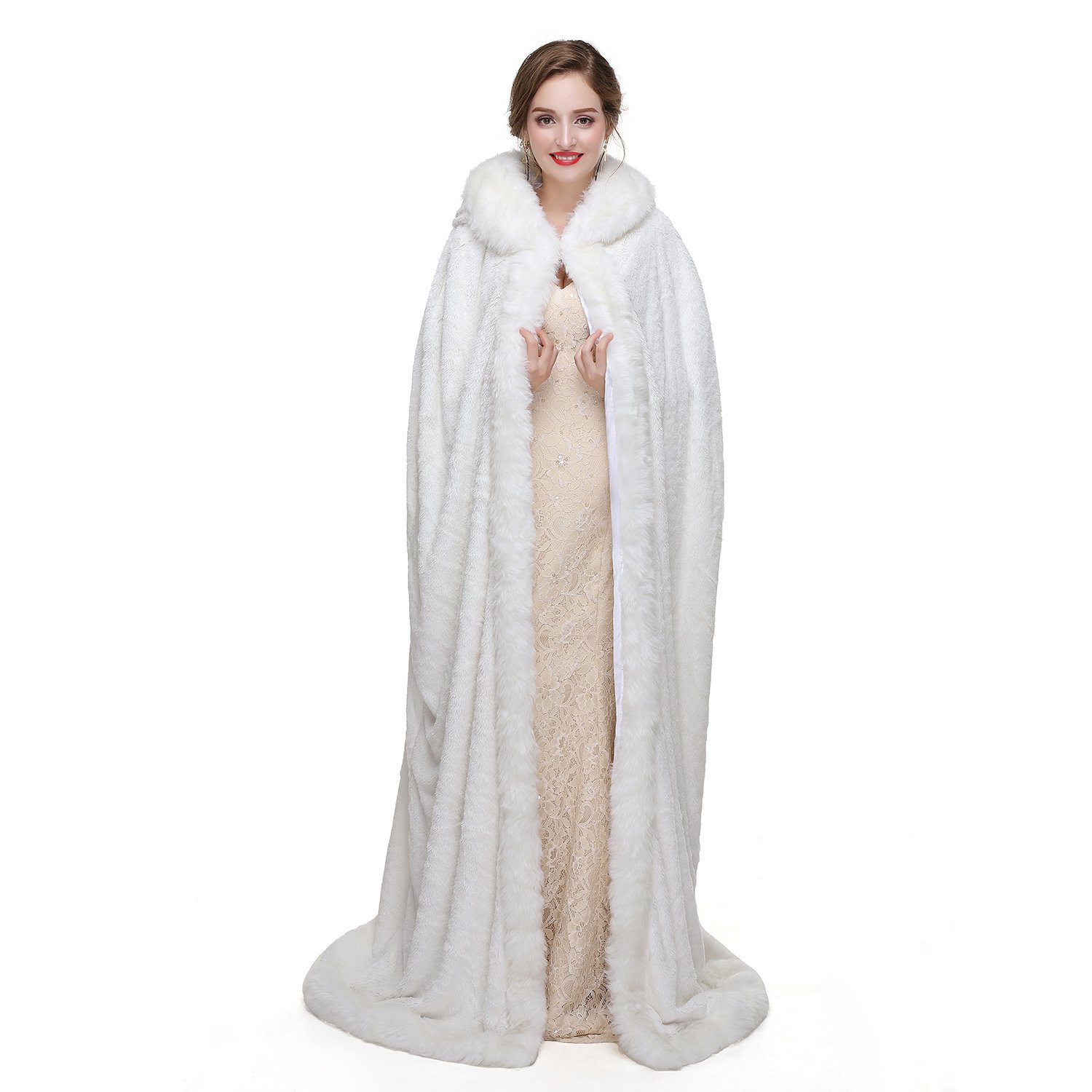 Elegant White Hooded Bridal Cape - Winter Wedding Cloak for Women, Medium Size, Warm Fleece Lining - Perfect for Outdoor Ceremonies, Photoshoots & Cold Weather Receptions