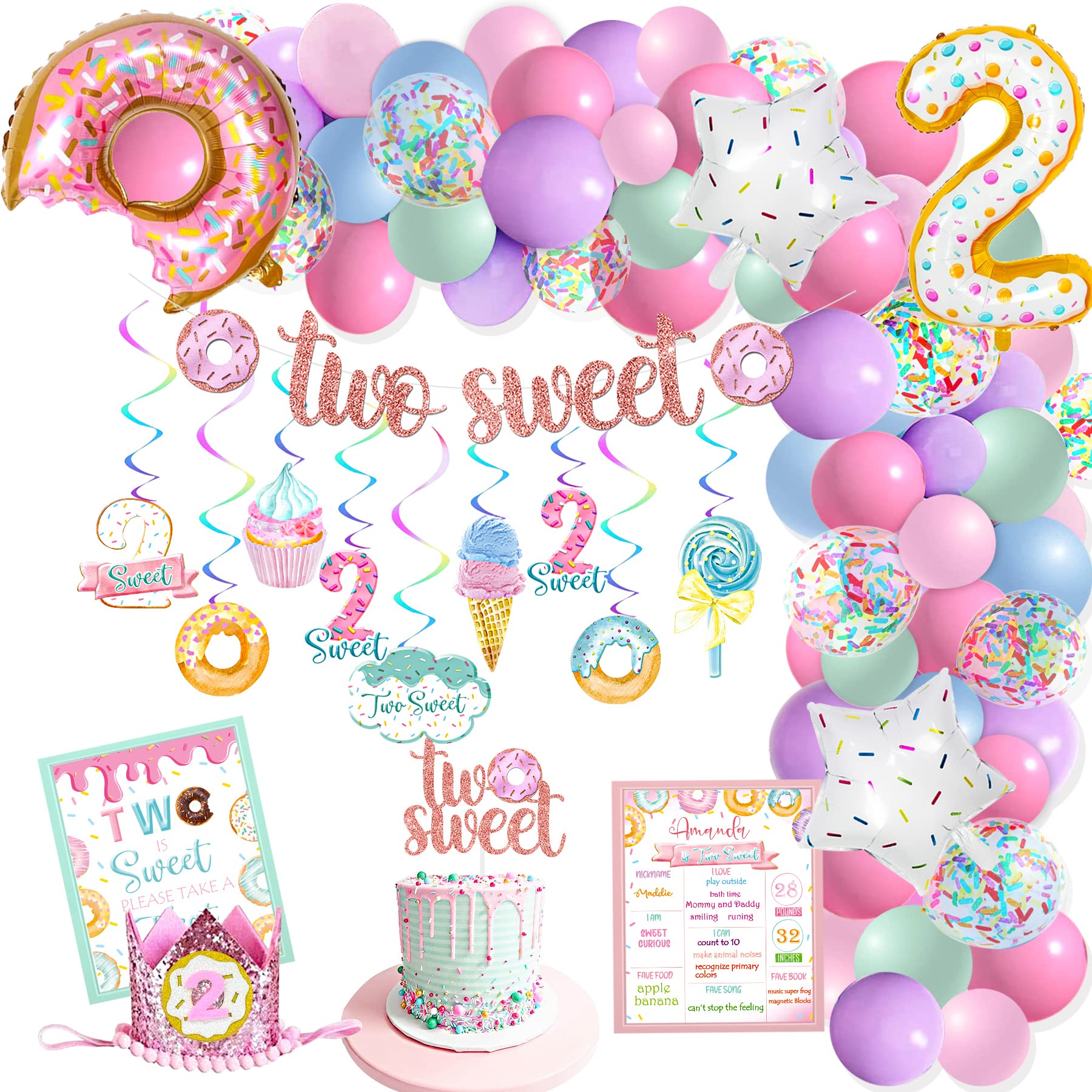 2nd Birthday Party Decorations for Girls - Donut Theme Banner, Cake Topper & Balloon Garland Set - Perfect for Baby's 2nd Birthday Celebrations, Photo Backdrops and Sweet Themed Parties