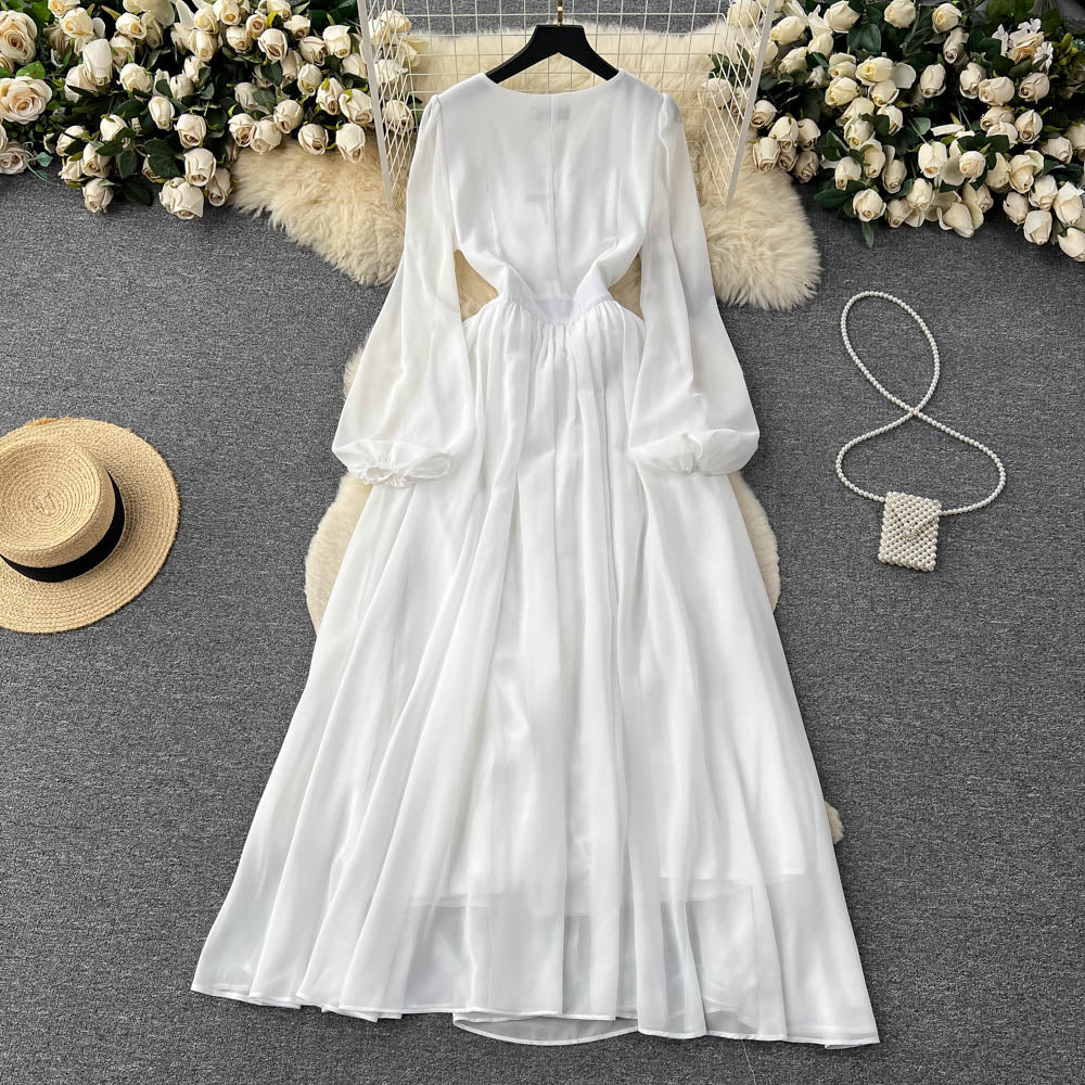 Fairy White Mesh Dress for Women - Summer V-Neck Lantern Sleeve Tulle Swing Dress with Flowy Skirt | Perfect for Weddings, Parties, and Special Occasions