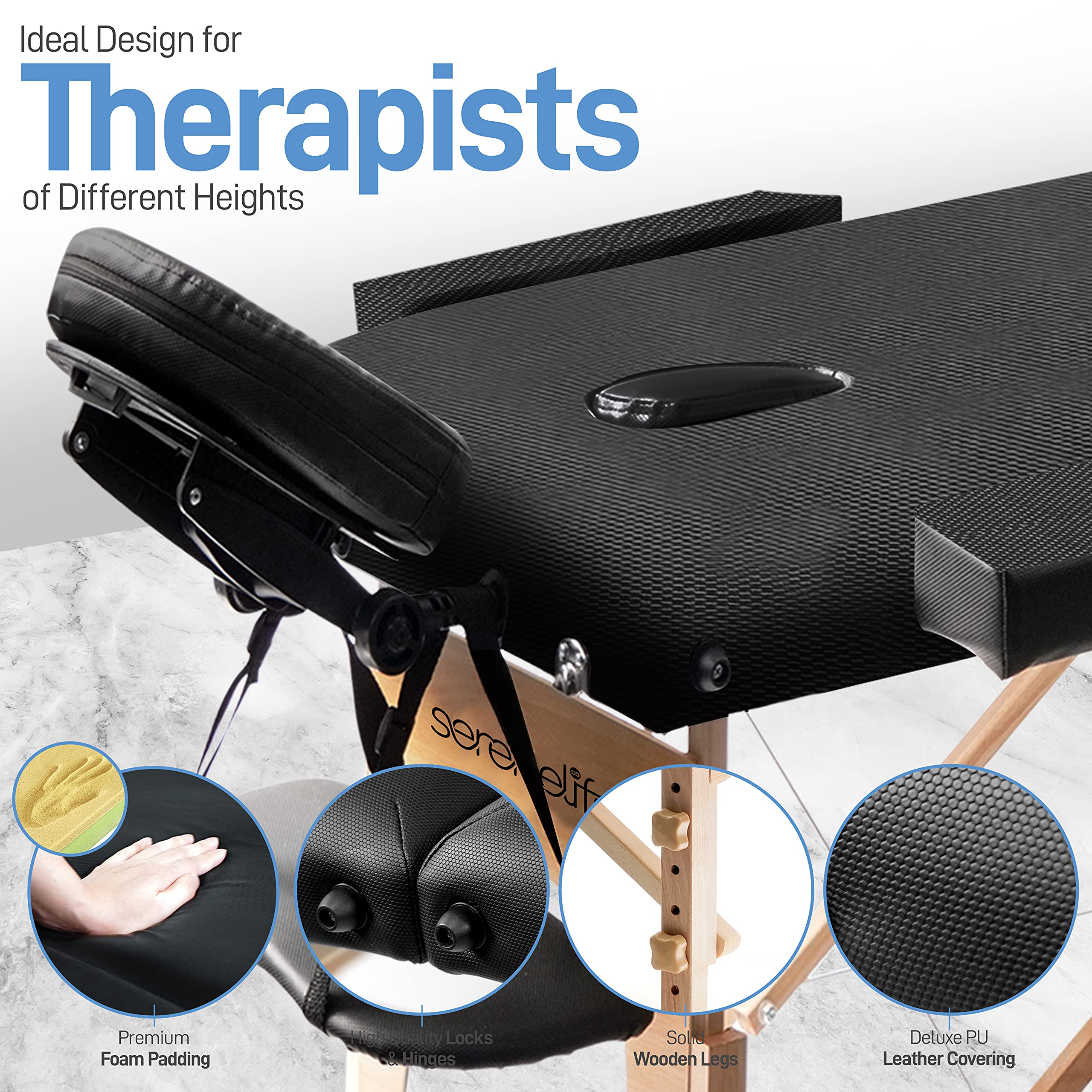 SereneLife Professional Portable Massage Table - Adjustable 3-Section Folding Therapy Bed with Carrying Case for Home Spa, Tattoo Parlor & Salon | Perfect for Massage Therapists, Estheticians & Tattoo Artists | Durable & Lightweight Black Design