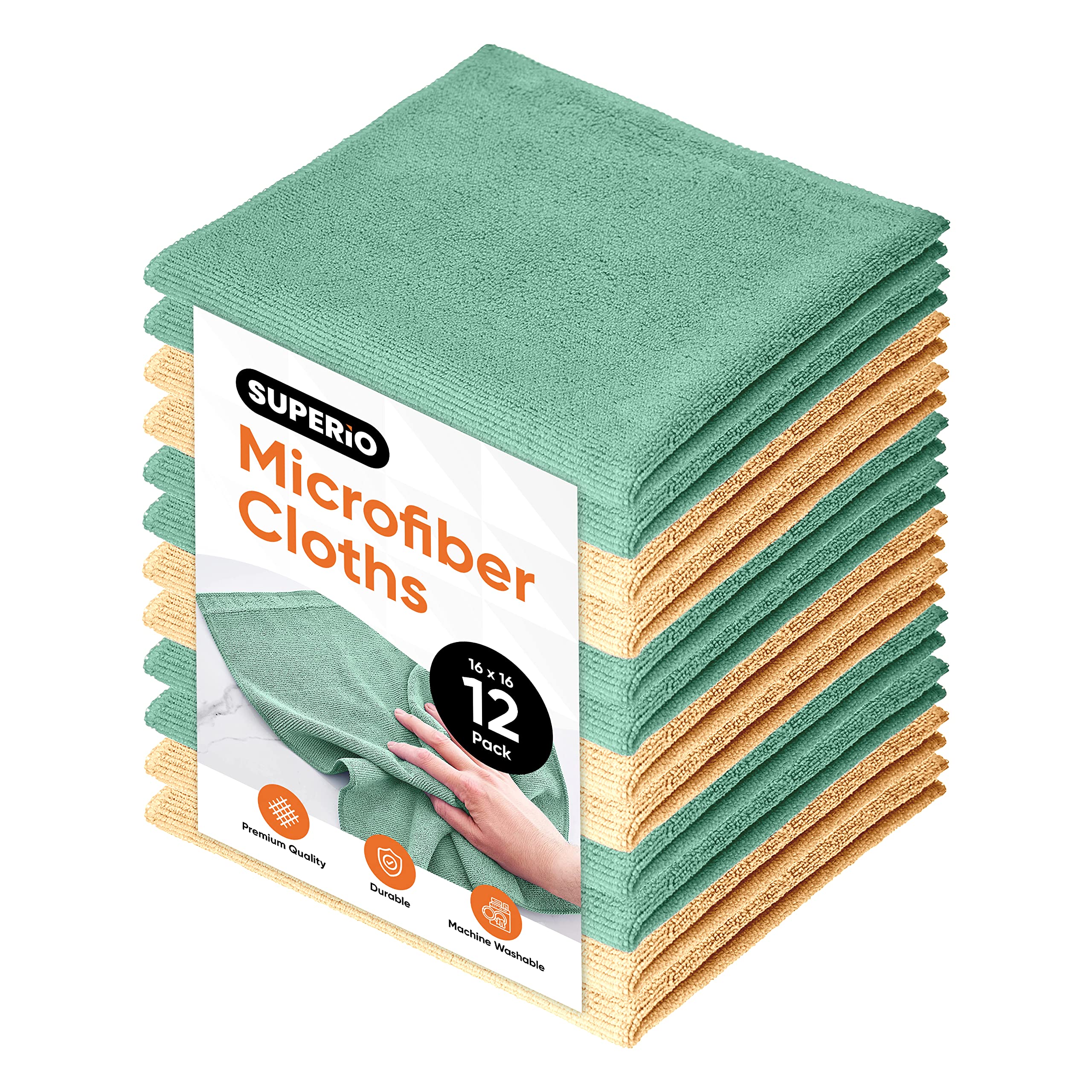 Superio Premium Microfiber Cleaning Cloths 16x16 Inches - Ultra Absorbent Reusable Kitchen Towels, Car Detailing & Household Cleaning Rags - No Streaks, No Scratches, No Detergents Needed - Perfect for Windows, Dishes, Cars & Office Cleaning