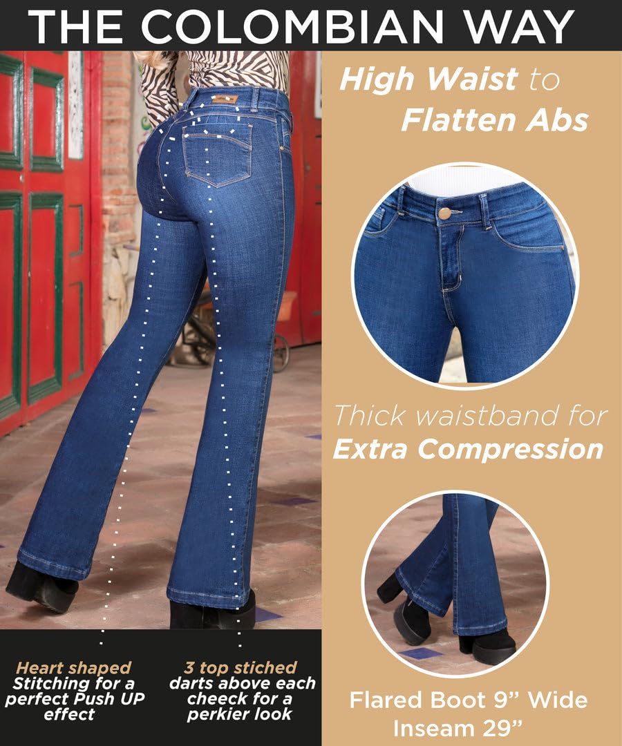Best Butt Lifting Jeans for Women - High Waisted Bootcut Colombian Jeans in Blue | Slimming & Shaping Denim Pants for Curvy Figures | Perfect for Night Out, Date Night & Everyday Wear