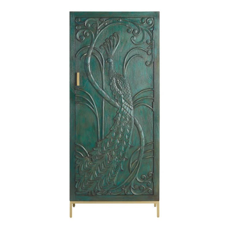 Exquisite Hand-Carved Wooden Peacock Armoire Wardrobe - Indian Traditional Design for Bedroom Storage & Home Decor
