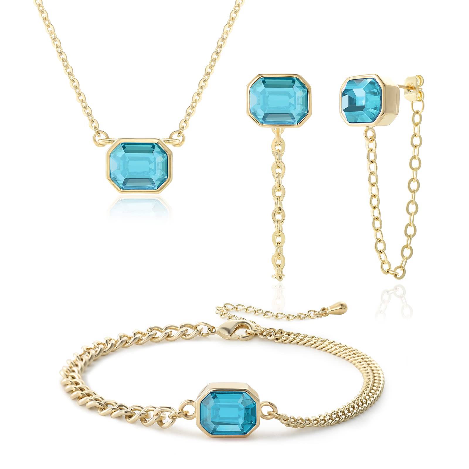 HOKEMP Crystal Chain Earrings for Women, Gold Pendant Necklace & Bracelet Set - Elegant Jewelry Gift for Birthday, Anniversary & Party Wear