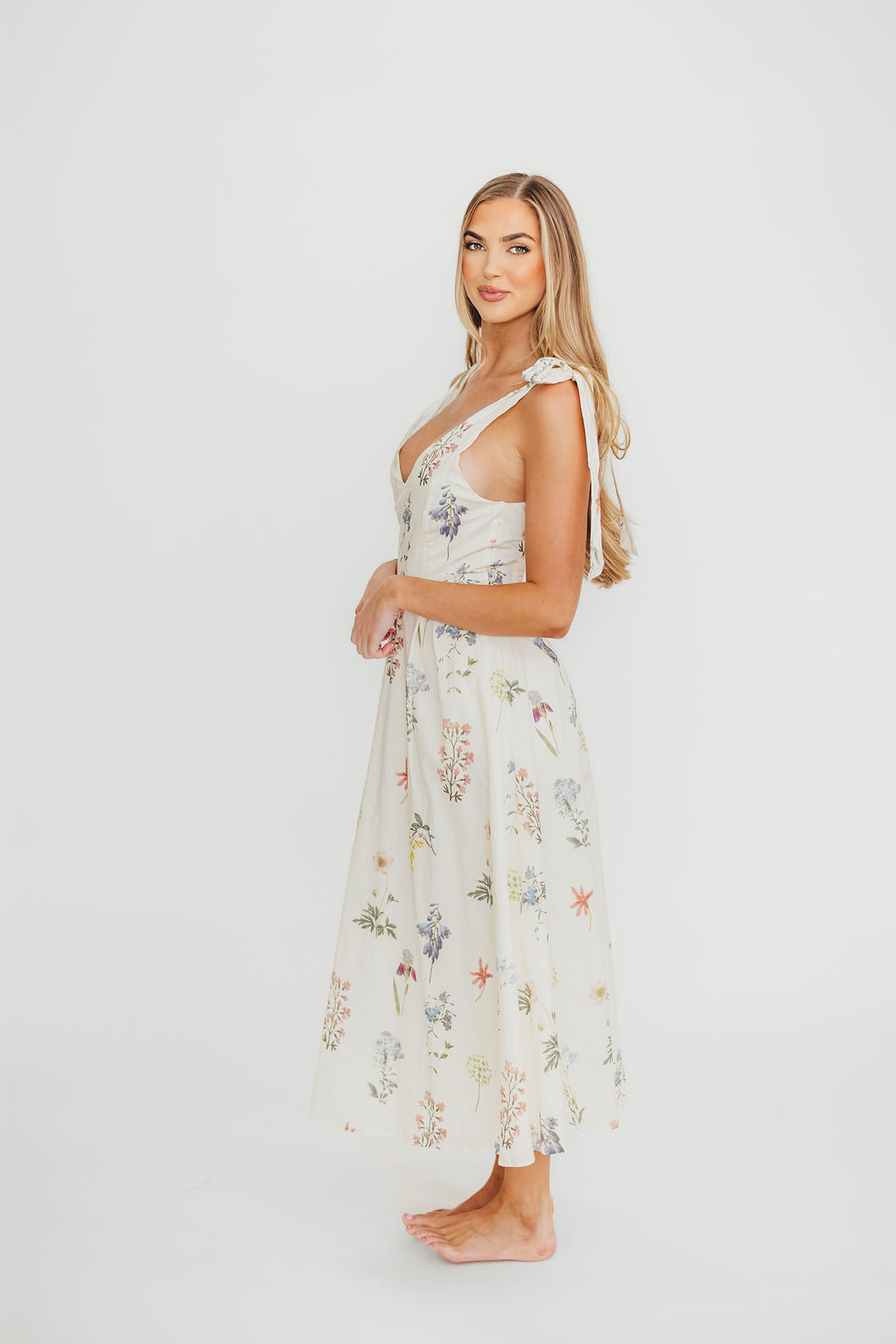 Fawna Floral Midi Dress in Cream - Elegant Floral Print Summer Dress for Women | Perfect for Weddings, Garden Parties & Date Nights