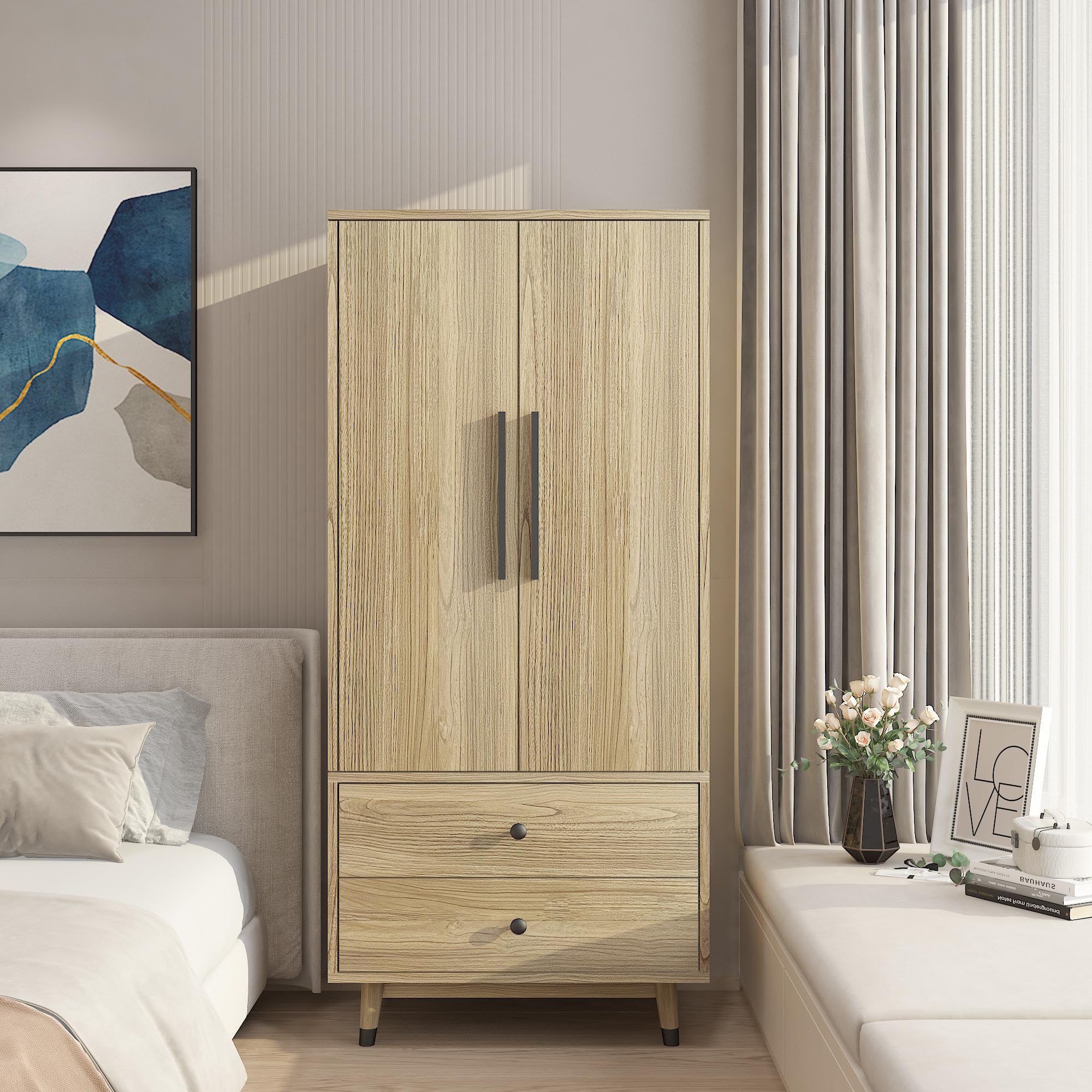 Modern Oak Wood Armoire Wardrobe - 2-Door Freestanding Closet with Hanging Rod & 2 Drawers - Spacious Storage Cabinet for Bedroom, Living Room or Walk-In Closet - Durable Pantry Organizer for Clothes, Shoes & Accessories