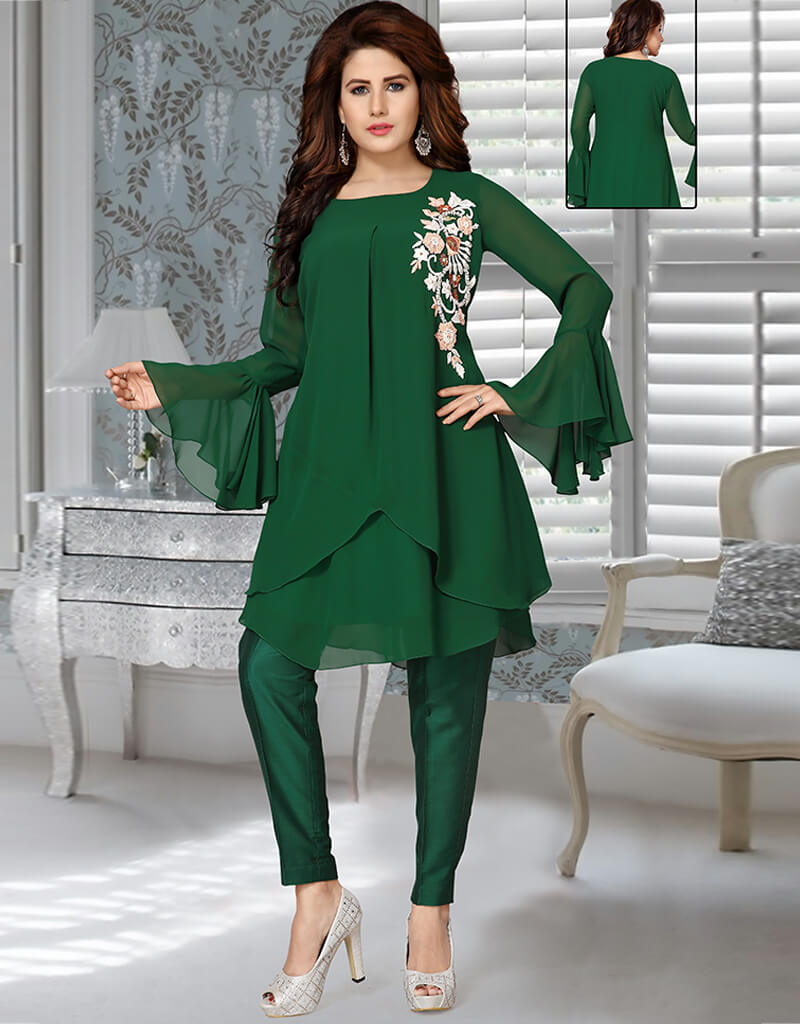 Elegant Arabic Green Georgette Salwar Kameez - Traditional Pakistani/Indian Embroidered Outfit for Women - Perfect for Weddings, Festivals & Special Occasions
