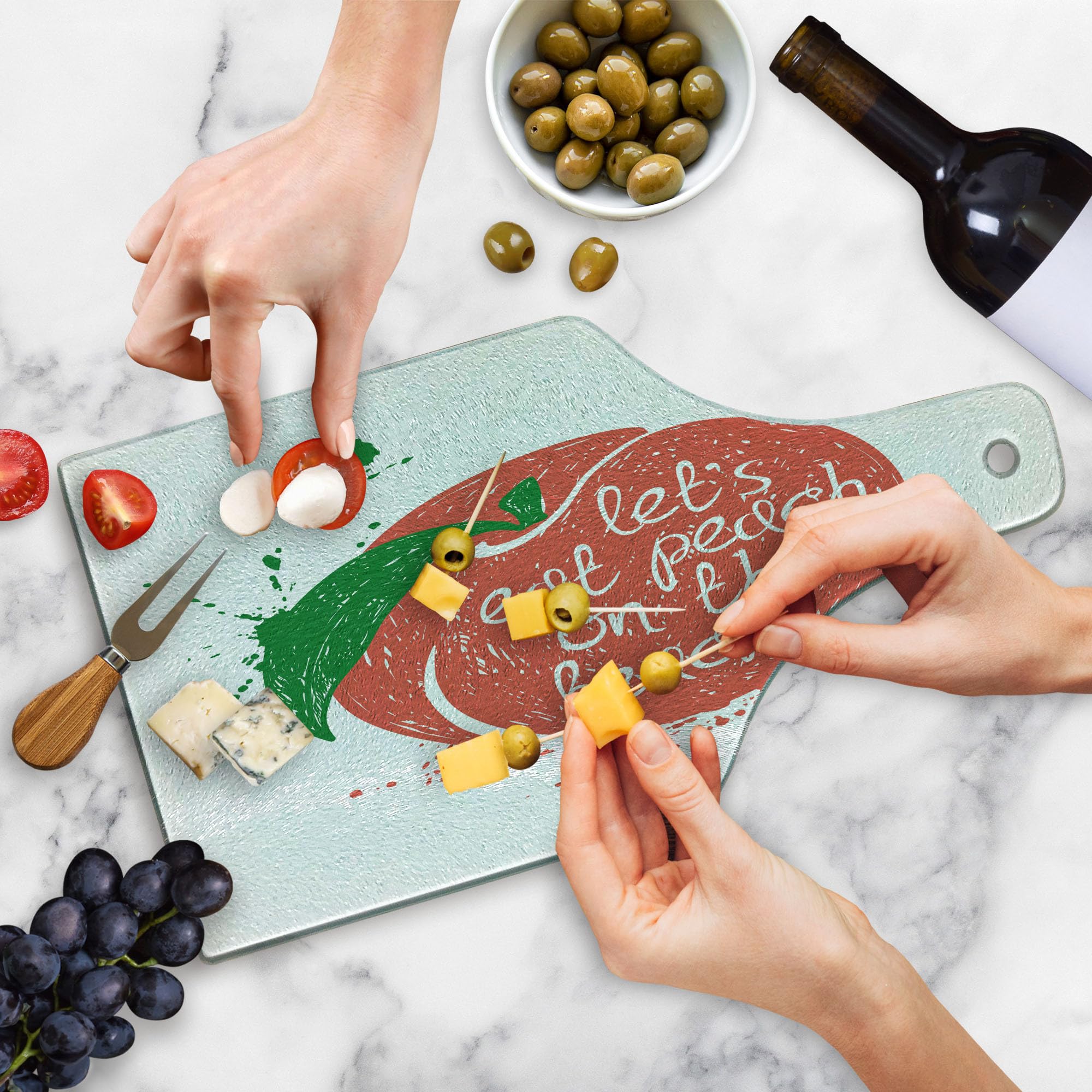 Ambesonne Peach Themed Tempered Glass Cutting Board - Decorative Serving Tray with Fruit Design, Stem & Leaf Pattern - Perfect for Beach Picnics, Wine Parties & Kitchen Decor - Green Coral White Wine Bottle Shape