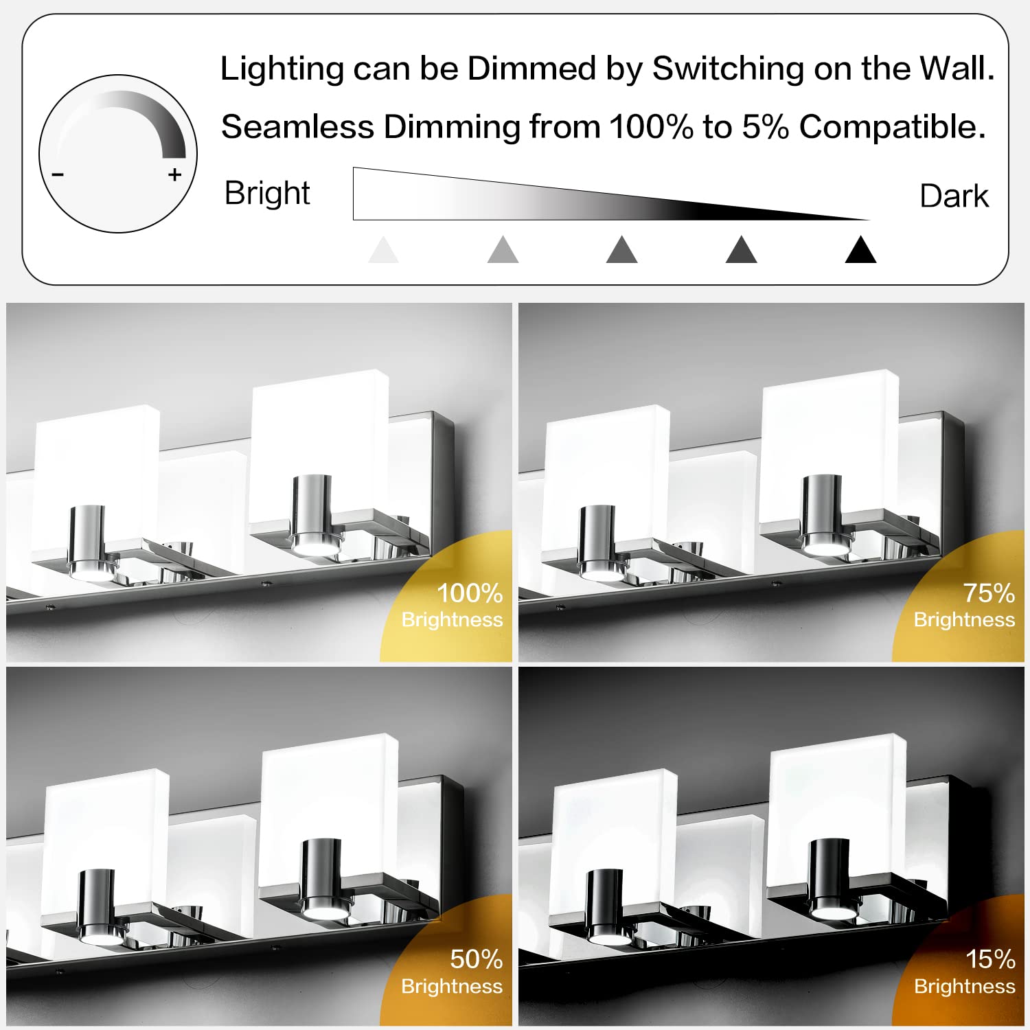 Modern LED Dimmable Bathroom Vanity Light - 5 Lights Chrome Fixture (Cool White 6000K) for Home Decor