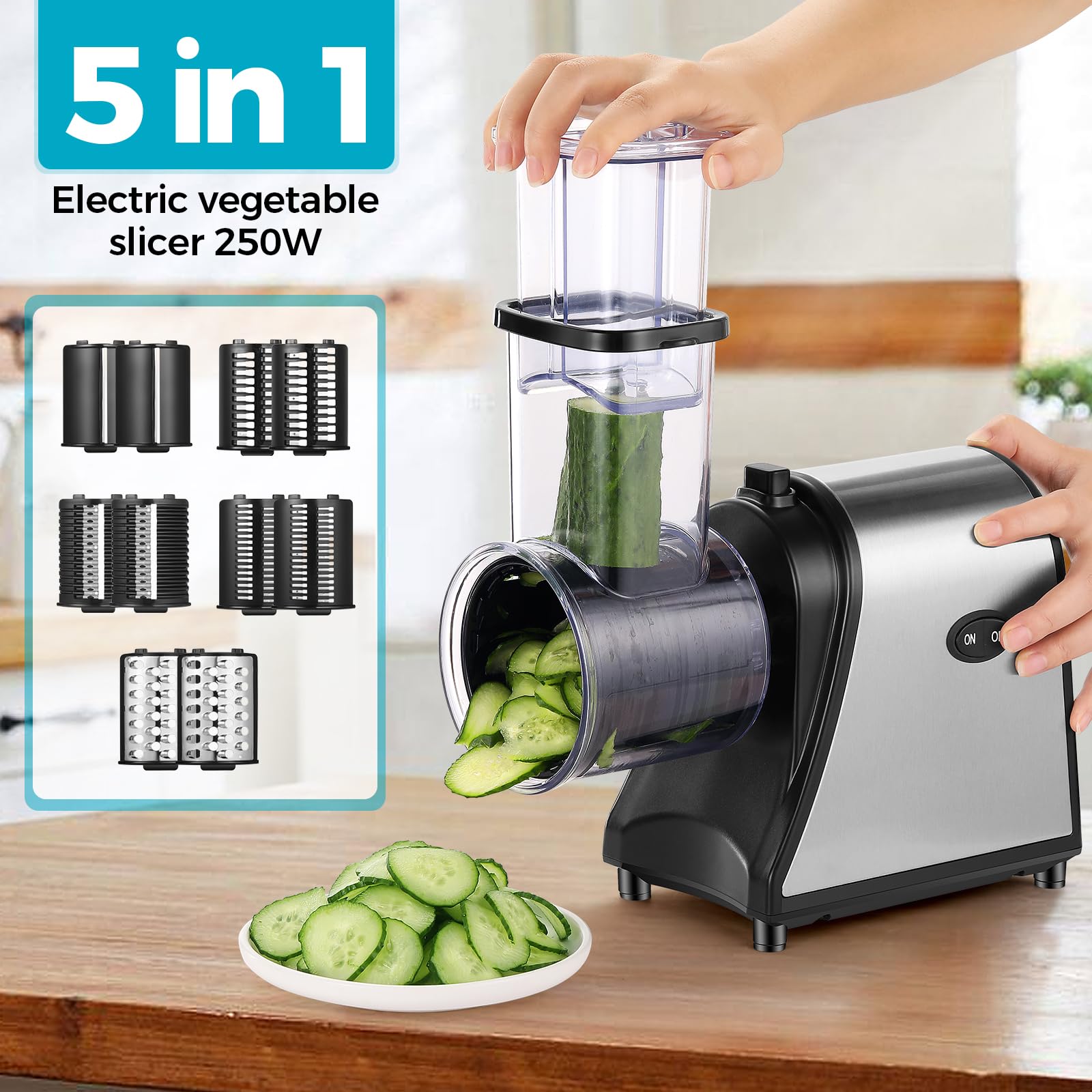 250W Electric Cheese Grater & Food Slicer - 5 Blades for Shredding, Slicing & Grating | One-Touch Control for Cheese, Fruits & Vegetables | Perfect for Home Kitchen, Meal Prep & Salad Making