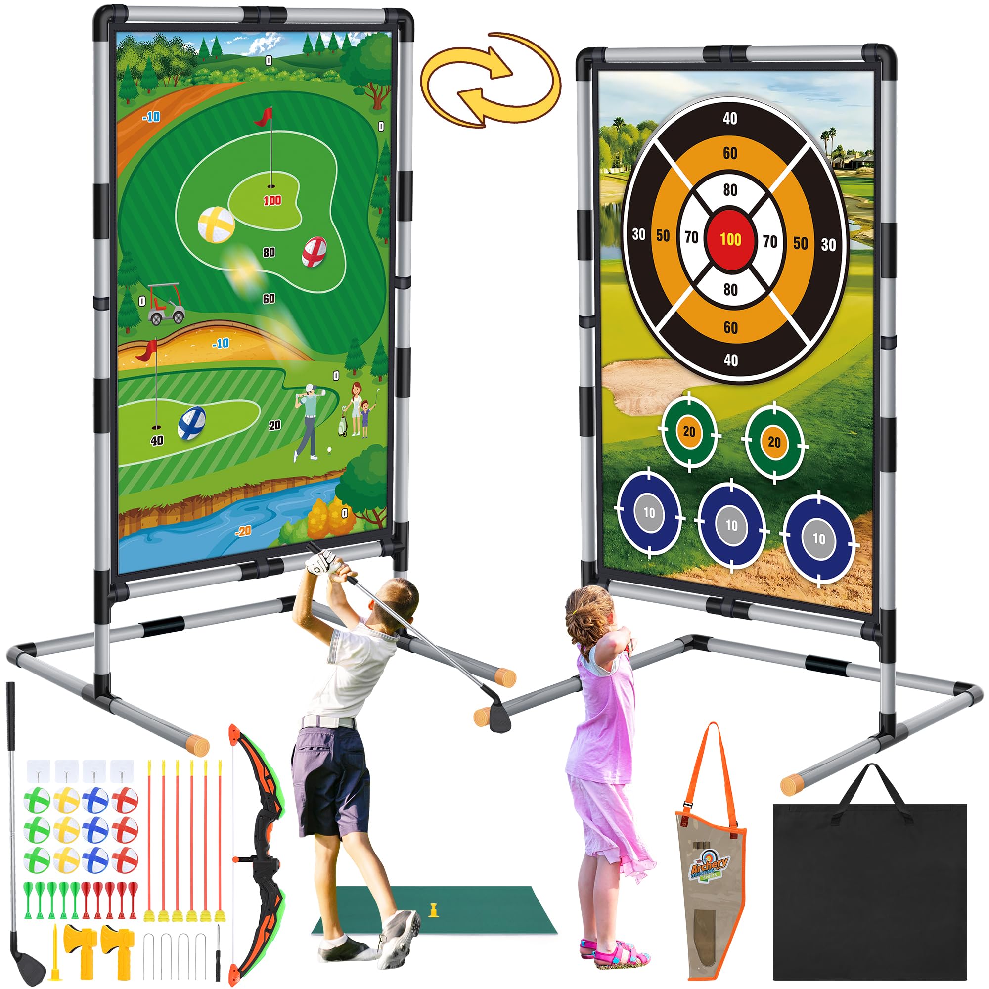 3-in-1 Kids Golf, Archery & Axe Throwing Game Set - Outdoor & Indoor Sports Toys for Toddlers Ages 3-8 - Perfect for Backyard Play, Birthday Gifts & Family Fun Activities (Boys & Girls)