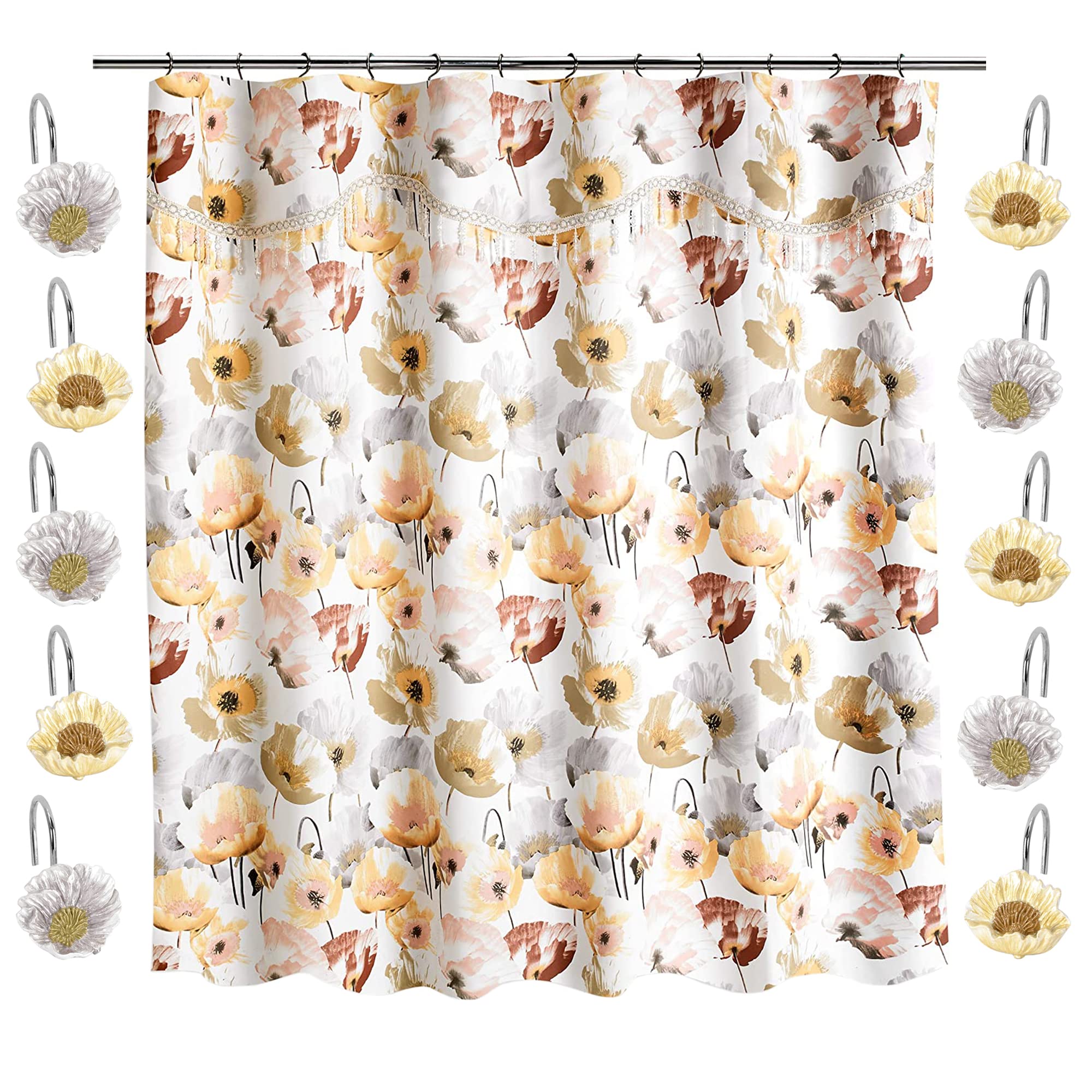 Zahari Home 13-Piece Poppy Fields Bathroom Shower Curtain Set - Yellow Floral Shower Curtain with 12 Hooks, Luxury Modern Design for Bathroom Decor - Perfect for Home, Apartment, and Hotel Use
