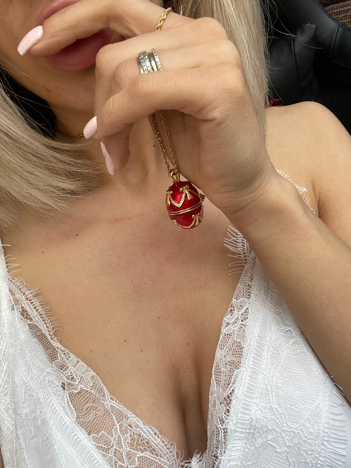 24K Gold Red Faberge Necklace & Bracelet Set with 1.5
