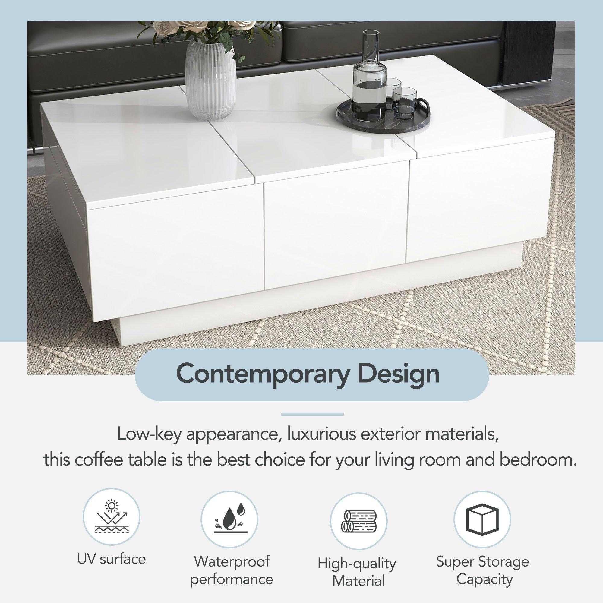 White Extendable Coffee Table with 2 Large Hidden Storage Compartments & 2 Drawers - High Gloss Center Table with Sliding Top for Living Room (39.3