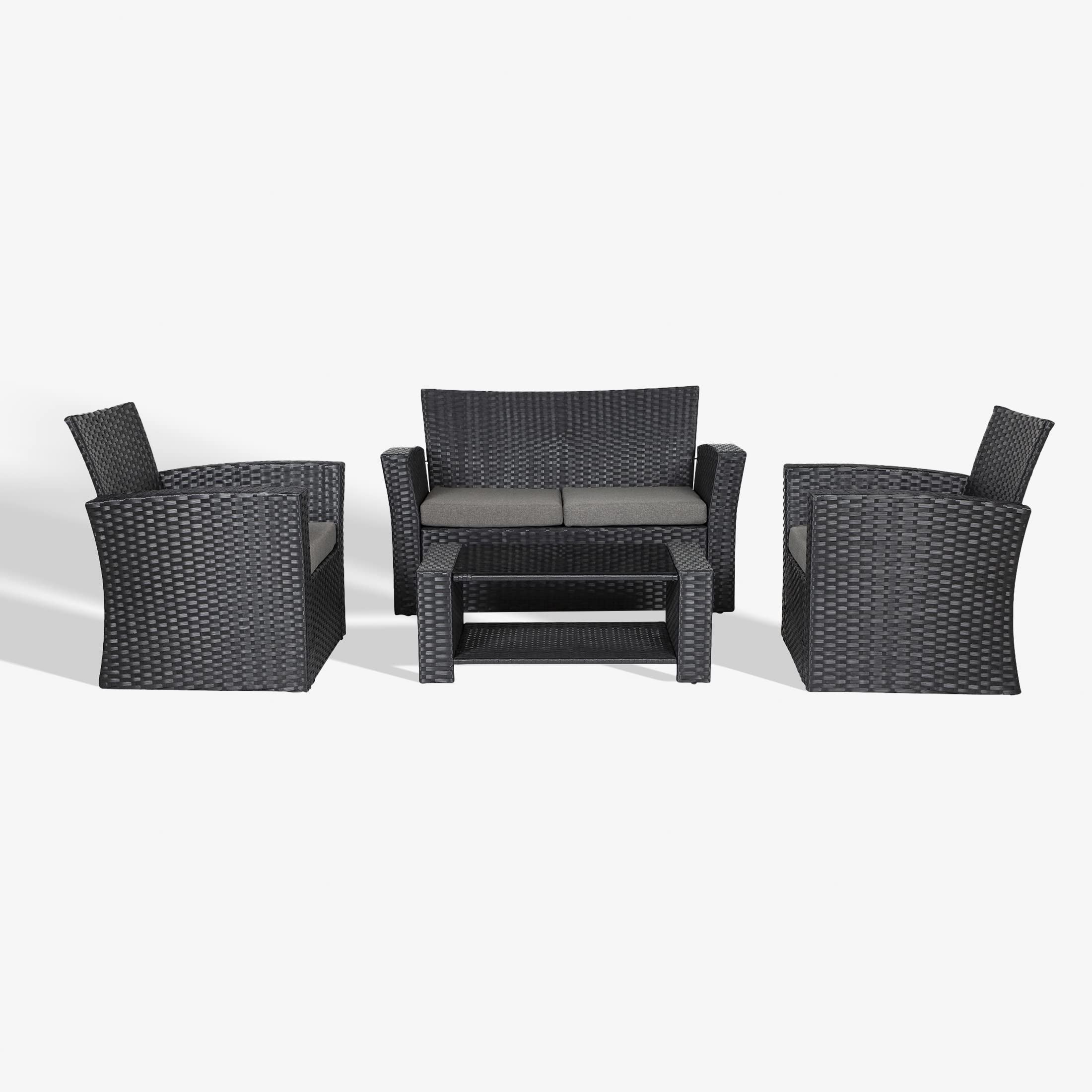 WestinTrends 4-Piece Coastal Black Patio Furniture Set - All-Weather HDPE Rattan Wicker Outdoor Sofa Set with Tempered Glass Coffee Table - Gray - Perfect for Backyard, Poolside & Beach House Decor