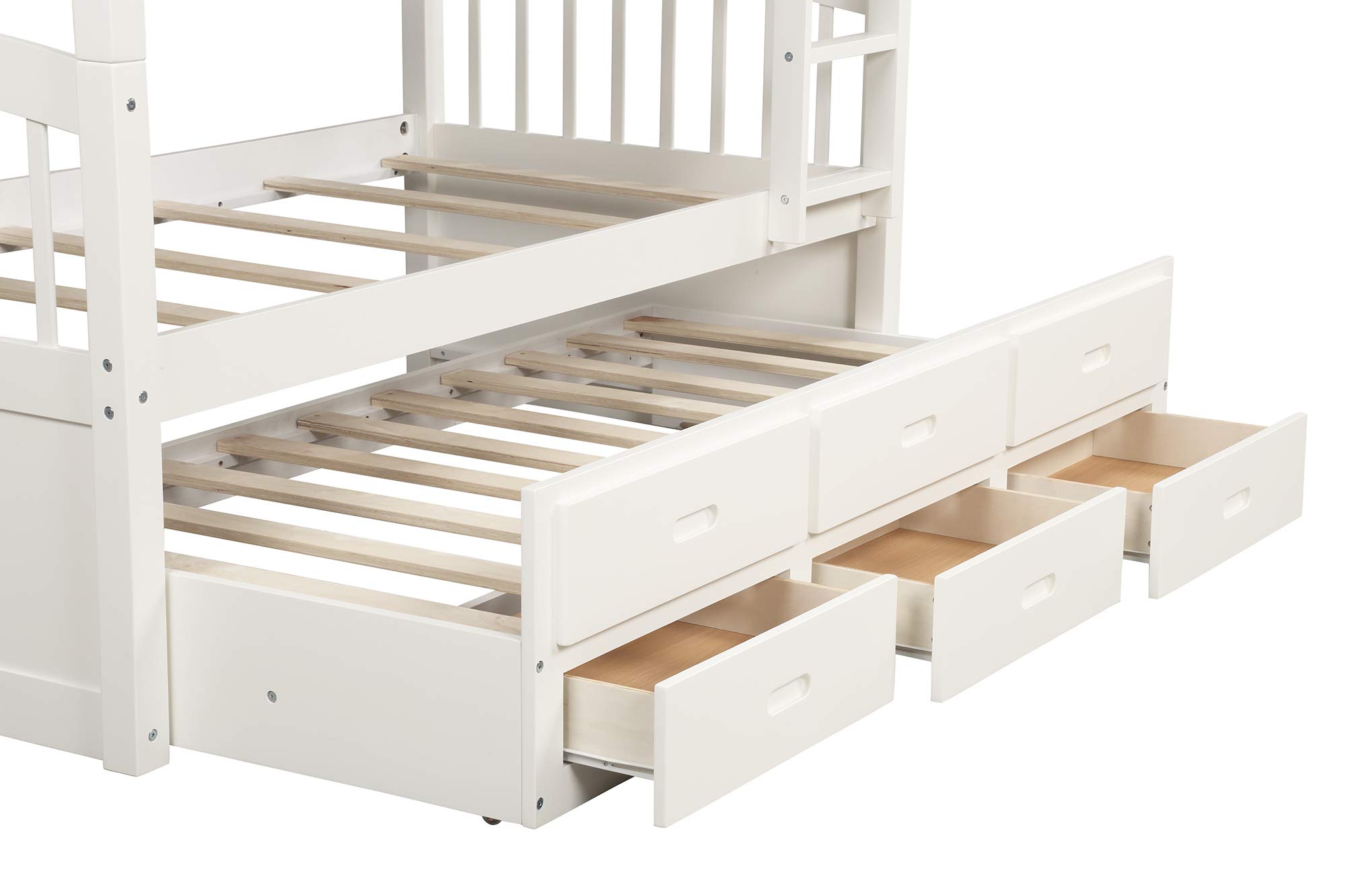 Twin Over Twin Bunk Bed for Kids - Solid Wood Bunk Beds with Trundle, Storage Drawers, 4-Step Ladder & Safety Guardrails - No Box Spring Needed (White + Pine) - Perfect for Small Bedrooms, Guest Rooms & Kids' Shared Spaces