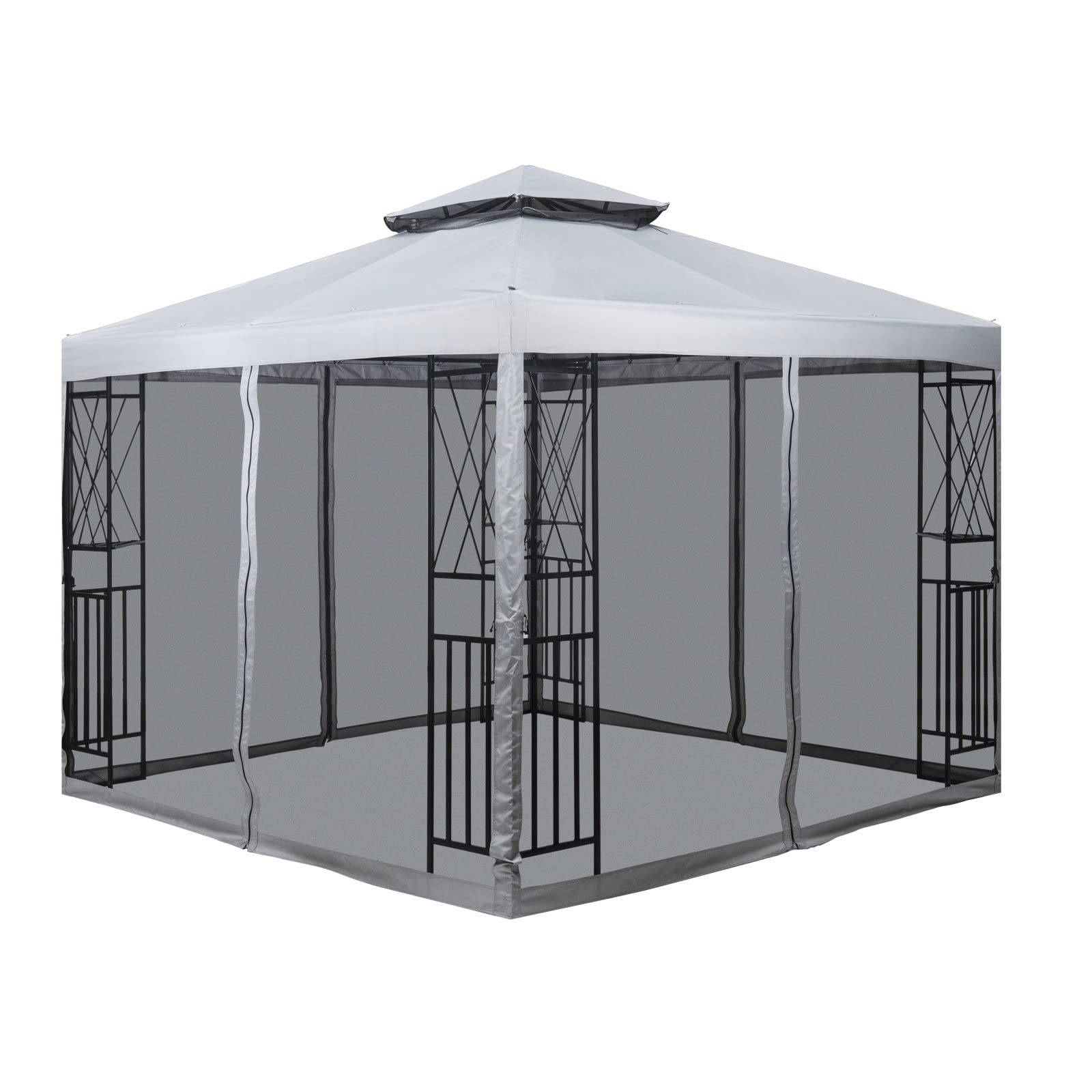 10' x 10' Light Gray Patio Gazebo with Mosquito Net & Corner Shelves - Outdoor Canopy Tent for Backyard, Garden, and Poolside Relaxation