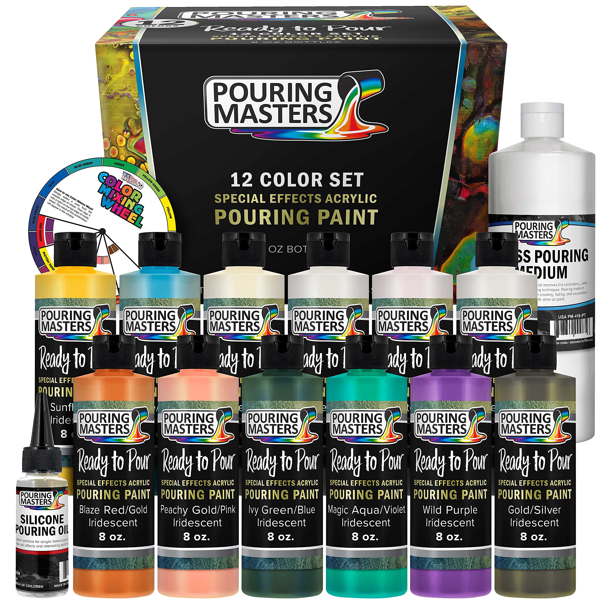 12-Color Ready-to-Pour Acrylic Paint Set with Silicone Oil & Gloss Medium - 8oz Bottles for Fluid Art, Canvas Painting & DIY Crafts - Perfect for Acrylic Pouring Techniques & Home Decor Projects