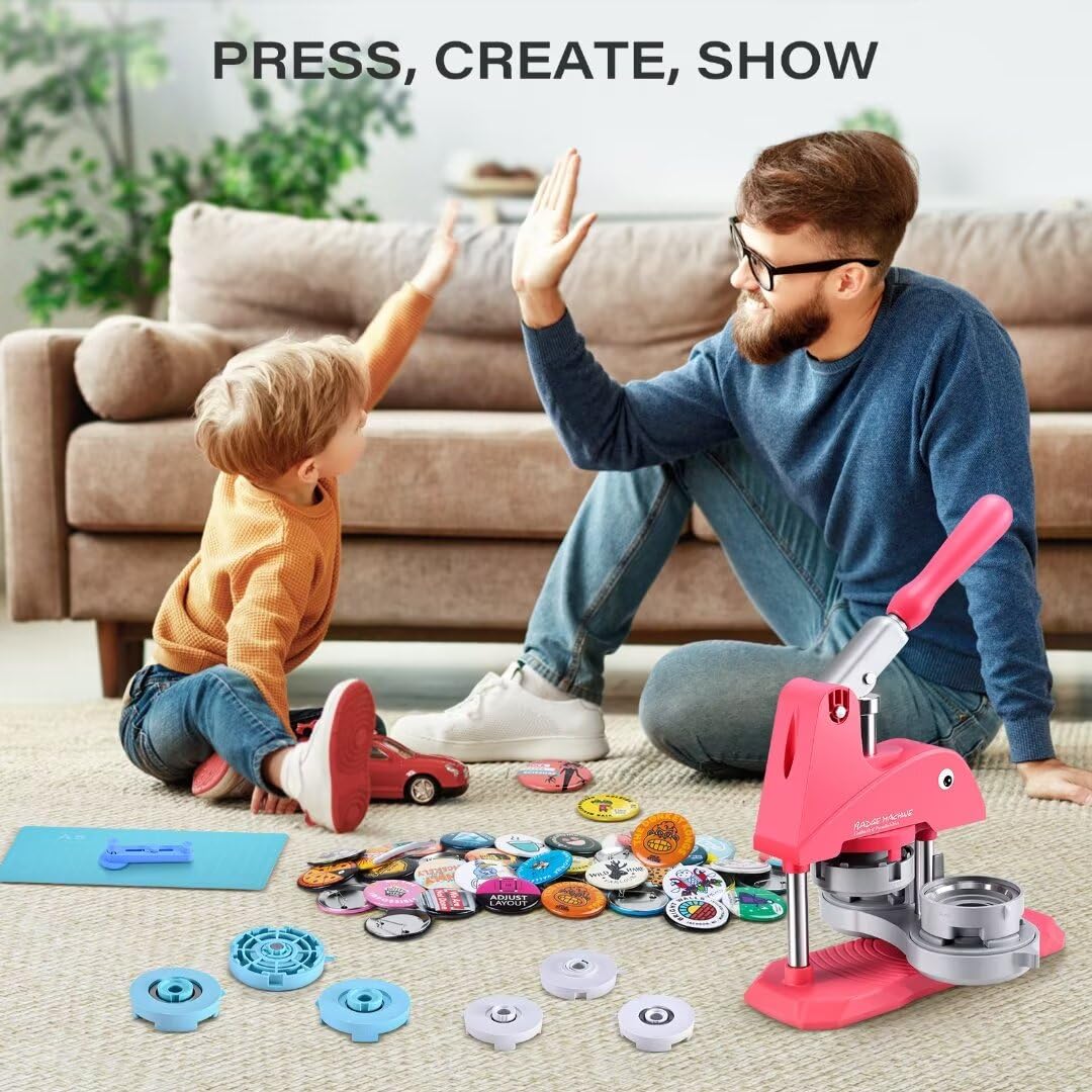 Button Pin Maker Machine Kit - 300 Pcs 1'', 1.25'', 2.25'' Badge Press with Dies, Refills & Circle Cutters for DIY Custom Pins - Perfect for Events, Parties, Fundraisers & Craft Projects