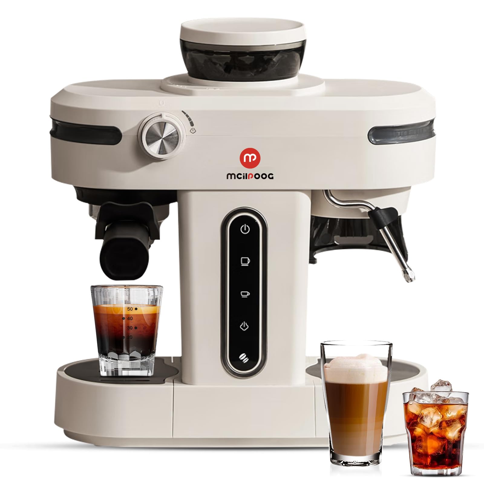 Mcilpoog AC510 15Bar Semi-Automatic Espresso Machine with Built-in Grinder & Steam Wand - 3-in-1 Compact Coffee Maker for Cappuccino, Latte & Americano - 28oz Removable Water Tank - Perfect for Home Baristas & Coffee Lovers (Creamy White) - Ideal for Kitchen Countertops, Office Break Rooms & Gift for Dad
