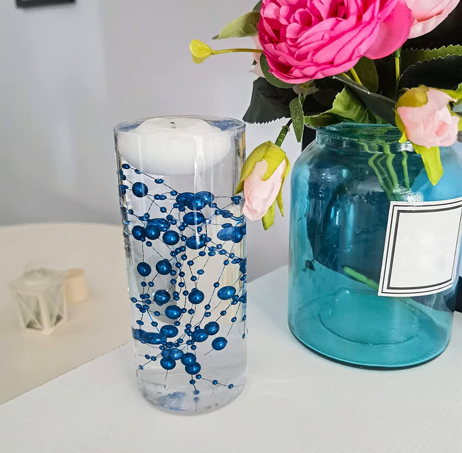 50 Pcs Blue Faux Pearl Beads String - Elegant Vase Filler & Floating Candle Centerpiece for Wedding Table Décor, Bridal Shower, Party & Home Decoration