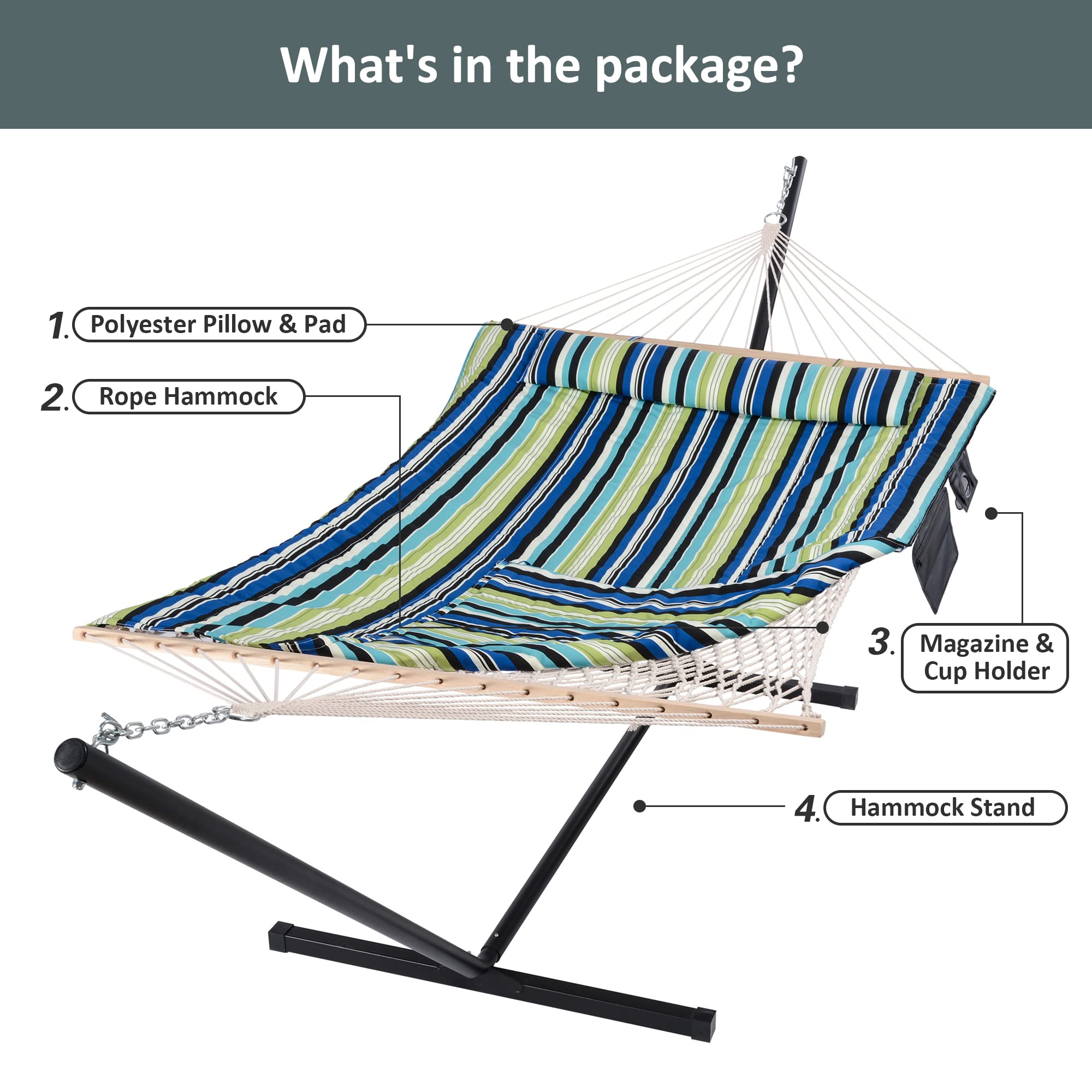 SUNCREAT Heavy Duty Double Hammock with Steel Stand - Cotton Rope & Polyester Pad - Blue & Green Outdoor Hammock for Backyard, Patio, Camping, Beach Relaxation