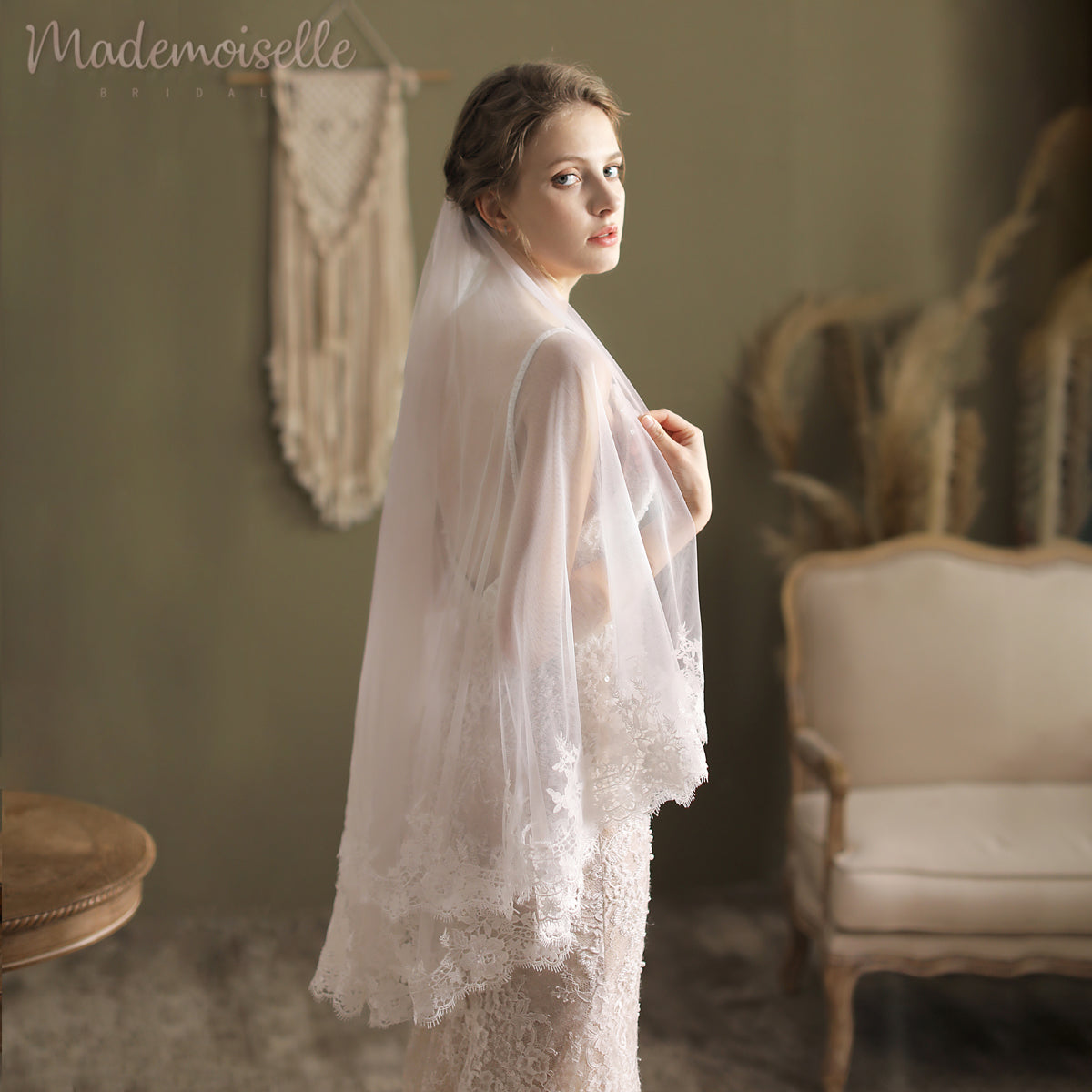 Elaine Veil - Elegant Bridal Wedding Veil with Lace Trim for Bride, Church Ceremony & Photo Shoot Accessories