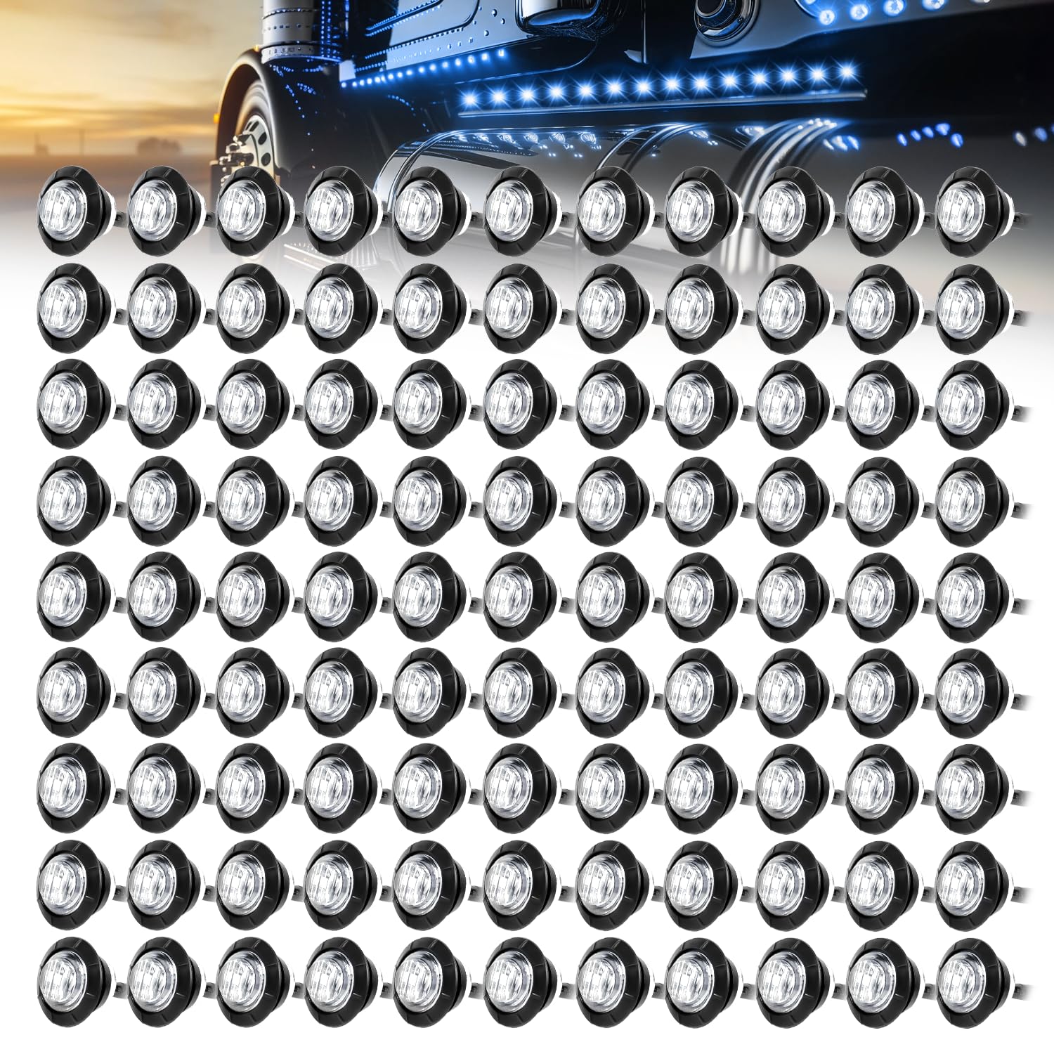 MADCATZ Meerkatt 3/4 Inch Mini Round LED Side Marker Lights - 12V DC Clearance Lights with Smoked Lens & Blue Light (100 Pcs) - Perfect for Trucks, Cars, Trailers & Boats
